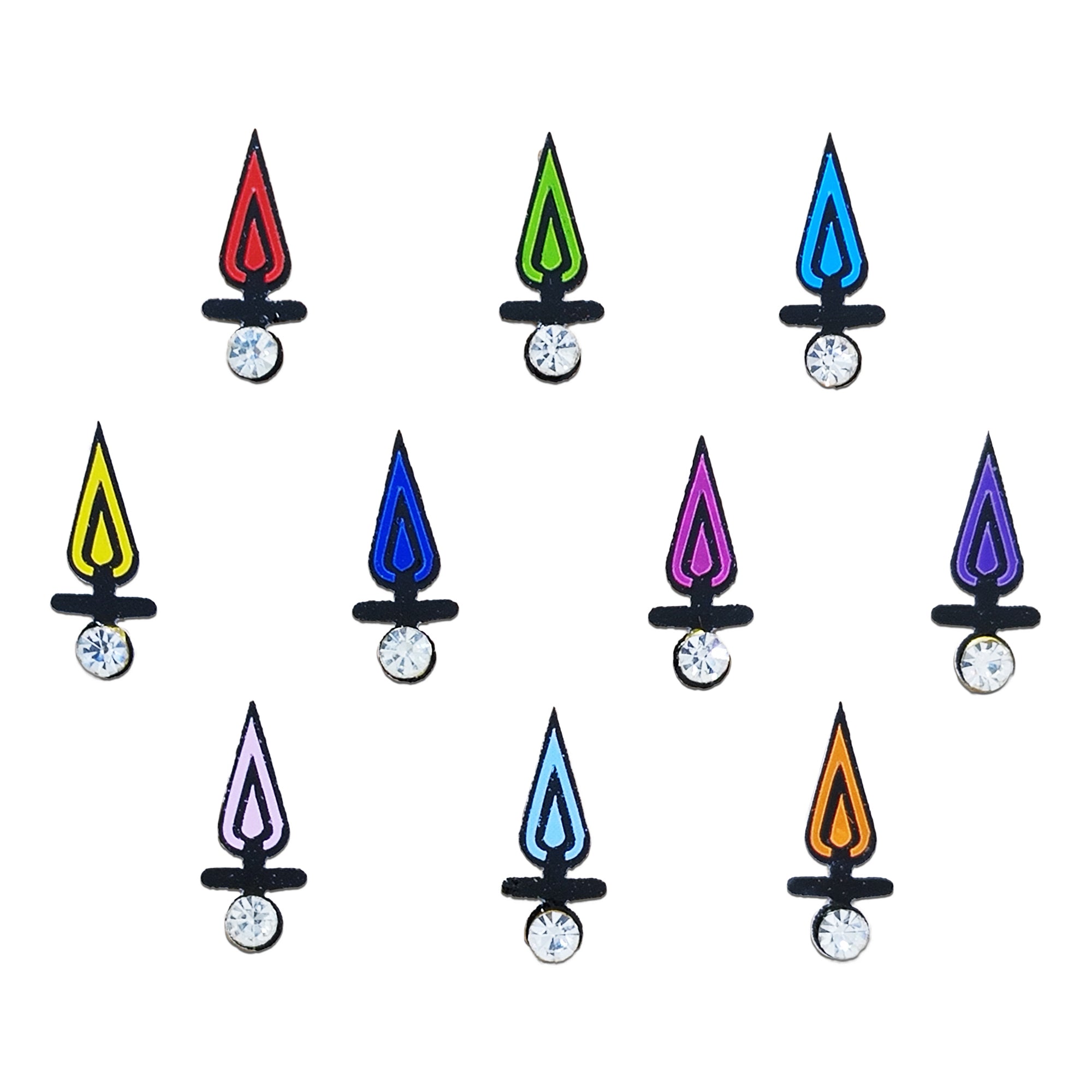 Comet Busters Multicolor Trishul Designer Bindis for Women and Girls, Colorful Trident Shape Bindis with Crystal Stone Accent, Spiritual Mahakal Inspired Forehead Stickers