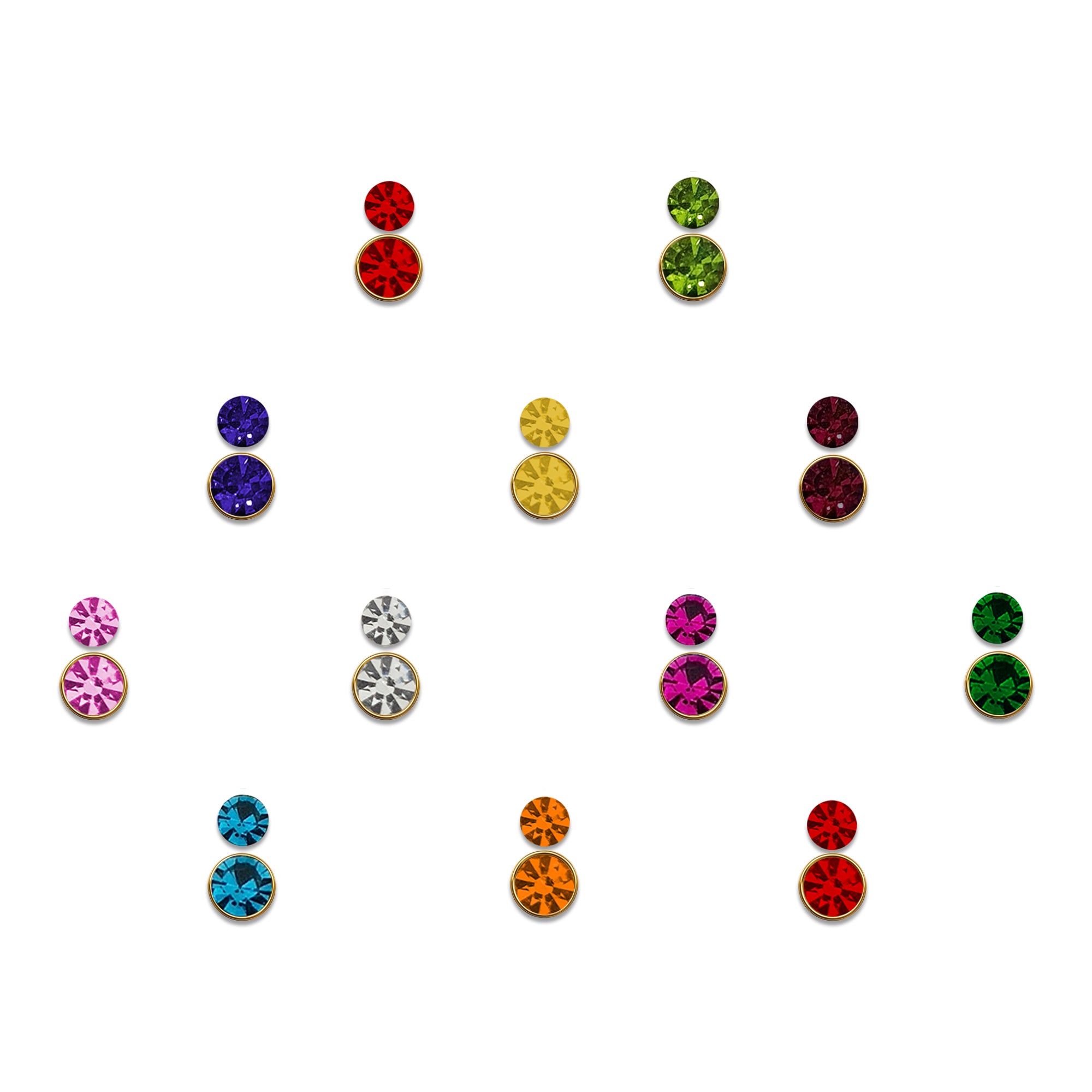 Comet Busters Multicolor Crystal Drop Bindis featuring elegant vertical arrangements of sparkling round rhinestones in blue, green, orange, maroon, pink, red, purple, white, and emerald shades. Reusable designer stone bindis for women and girls, perfect for weddings, festivals, parties, classical dance performances, bridal wear, and premium ethnic styling.