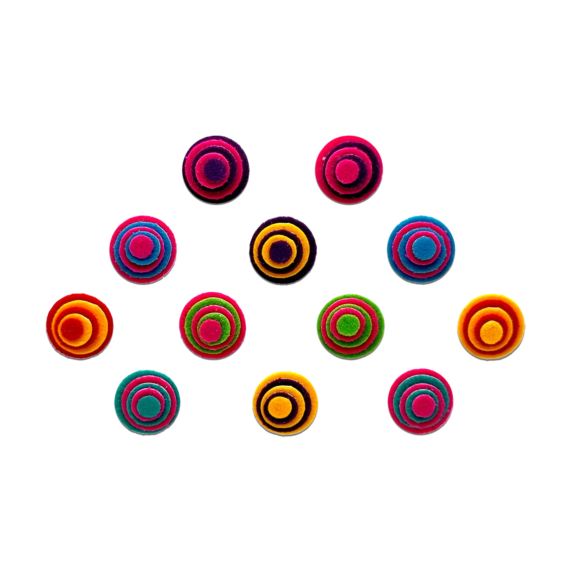 Comet Busters pink velvet concentric circle bindi, designer round forehead sticker for women, colorful ethnic bindi for festivals, weddings, Navratri, Bharatanatyam, classical dance, and traditional Indian attire.