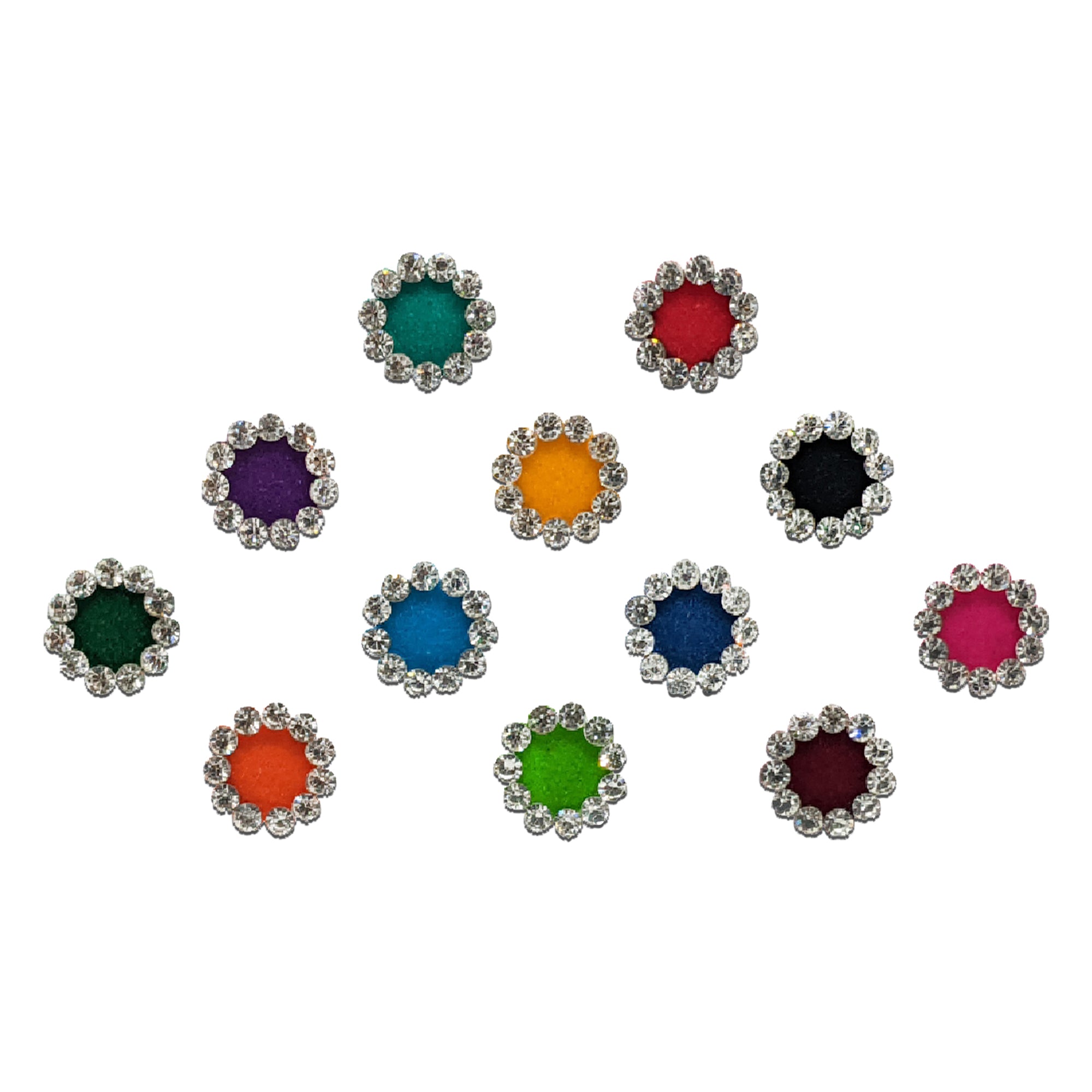 Comet Busters multicolor round velvet bindis featuring sparkling crystal stone borders in vibrant shades like teal, pink, purple, blue, green, orange, yellow, black, and maroon for festive and ethnic wear.