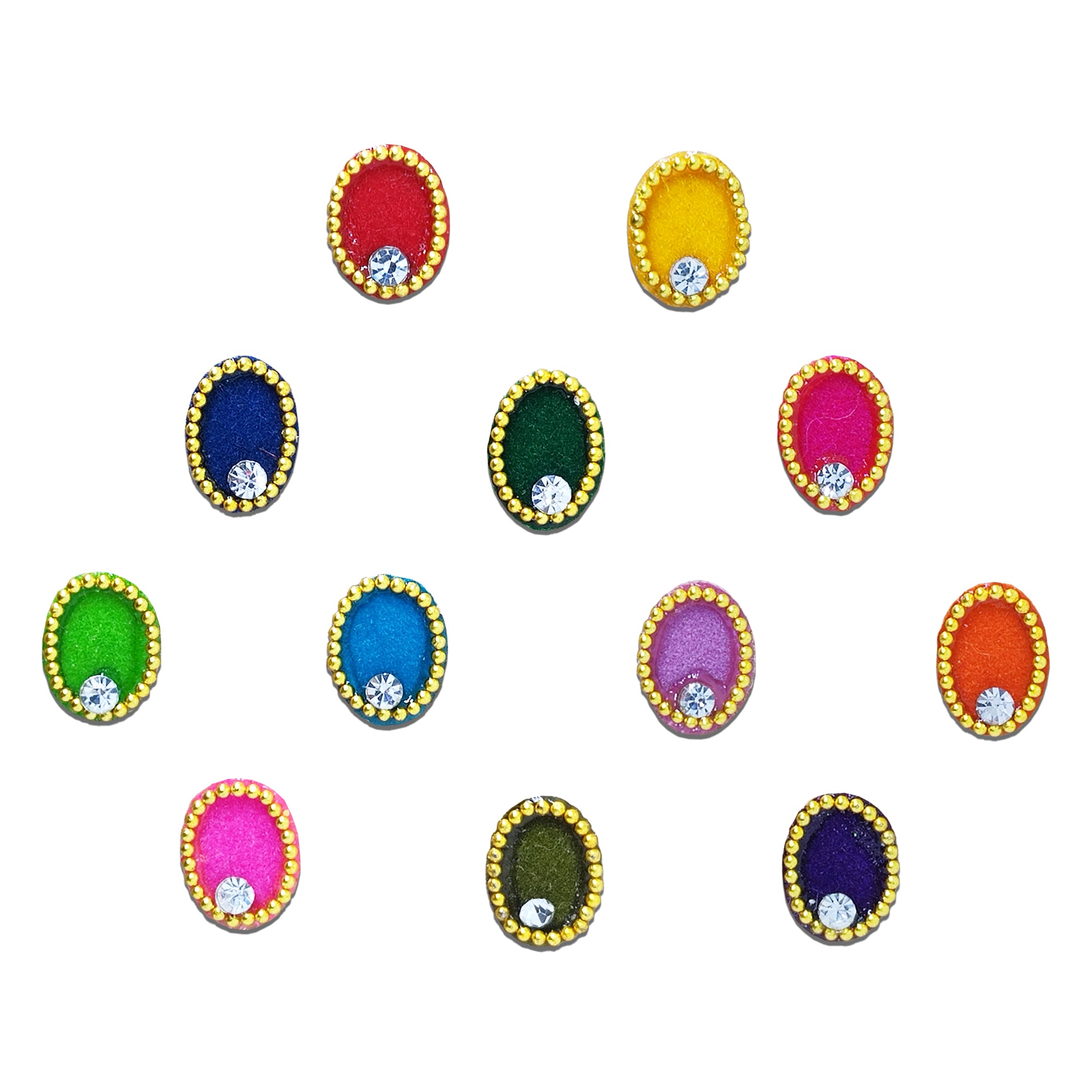 Comet Busters multicolor velvet oval designer bindi set featuring red, yellow, navy blue, dark green, hot pink, lime green, sky blue, lavender, orange, light pink, olive green, and purple velvet bindis with elegant gold bead borders and sparkling crystal accents. Premium self-adhesive bindis for women and girls, perfect for weddings, festivals, Navratri, Diwali, parties, cultural events, ethnic wear, and everyday traditional styling.