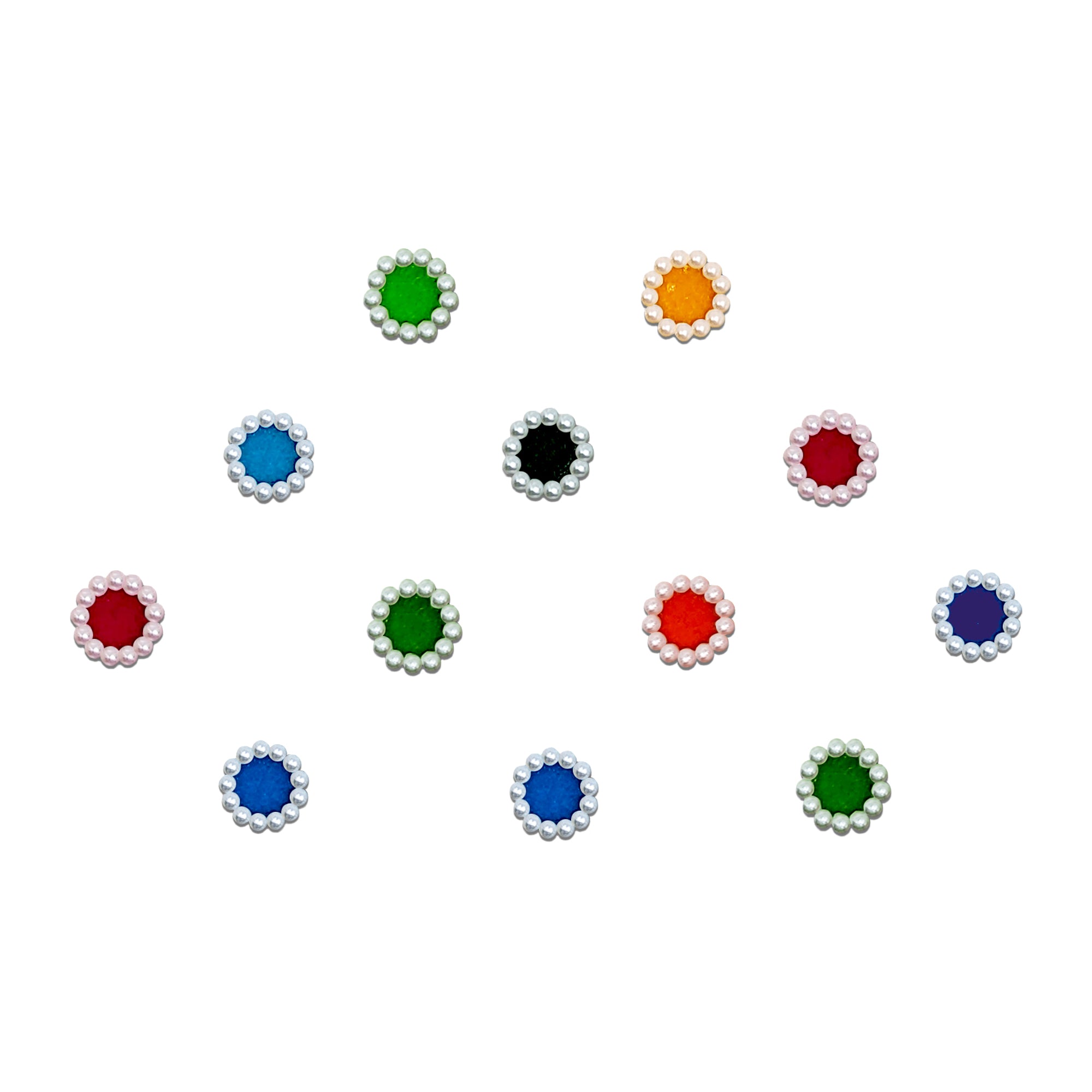 Comet Busters assorted velvet bindis with sparkling Pearl borders for traditional outfits.