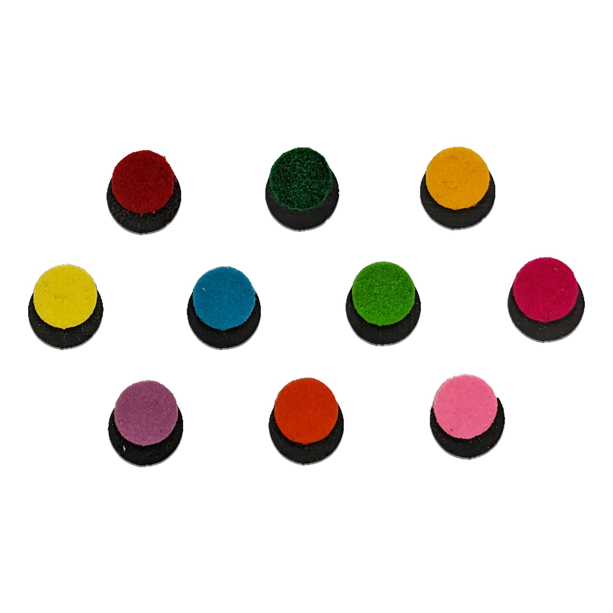 Comet Busters multicolor small round velvet bindis featuring plain circular designs in red, green, yellow, blue, pink, purple, orange, and neon shades for daily and festive wear.