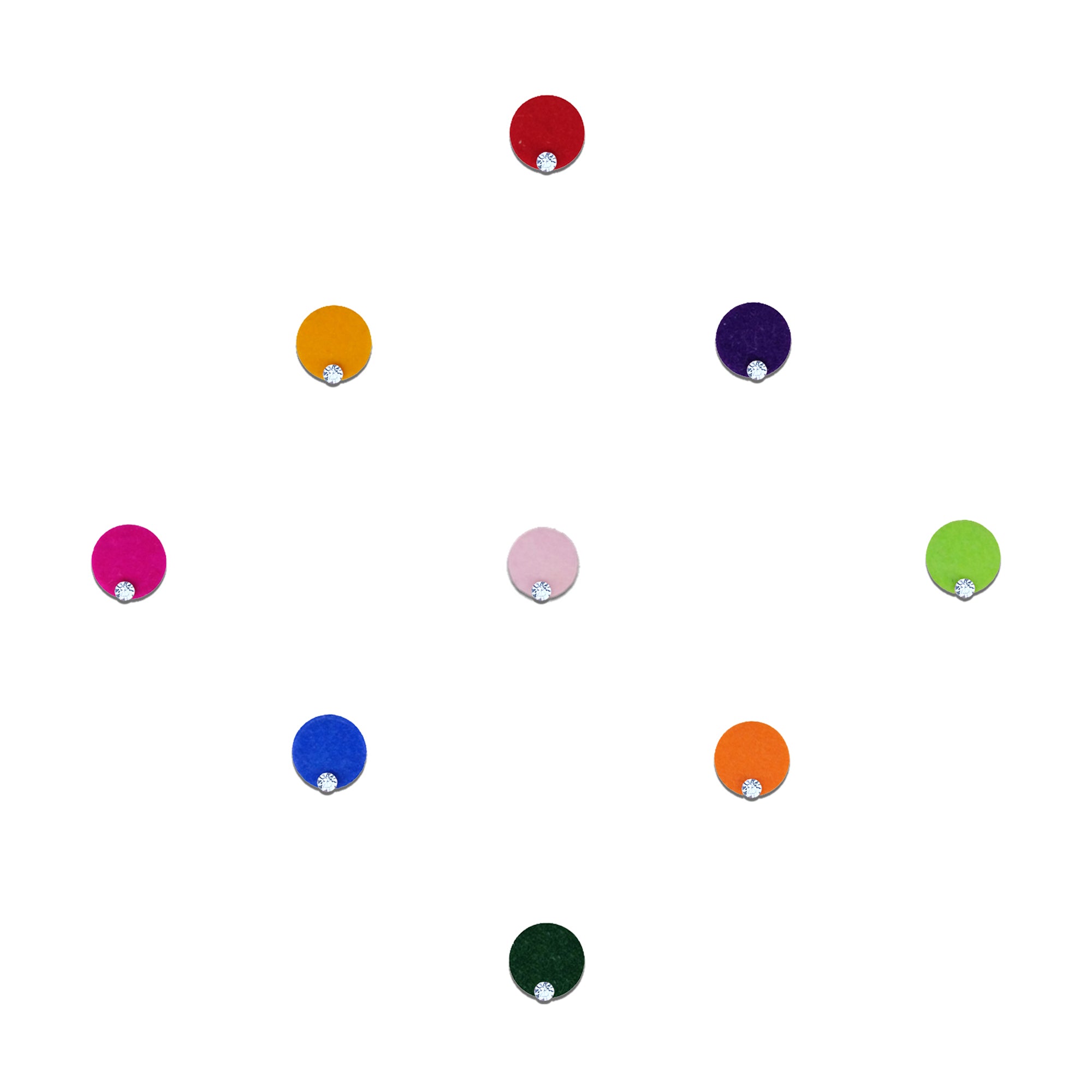 Comet Busters multicolor velvet round designer bindi set featuring red, mustard yellow, purple, hot pink, light pink, lime green, royal blue, orange, and dark green velvet bindis accented with a single sparkling crystal stone. Premium self-adhesive bindis for women and girls, perfect for weddings, festivals, Navratri, Diwali, parties, cultural events, ethnic wear, and everyday traditional styling.