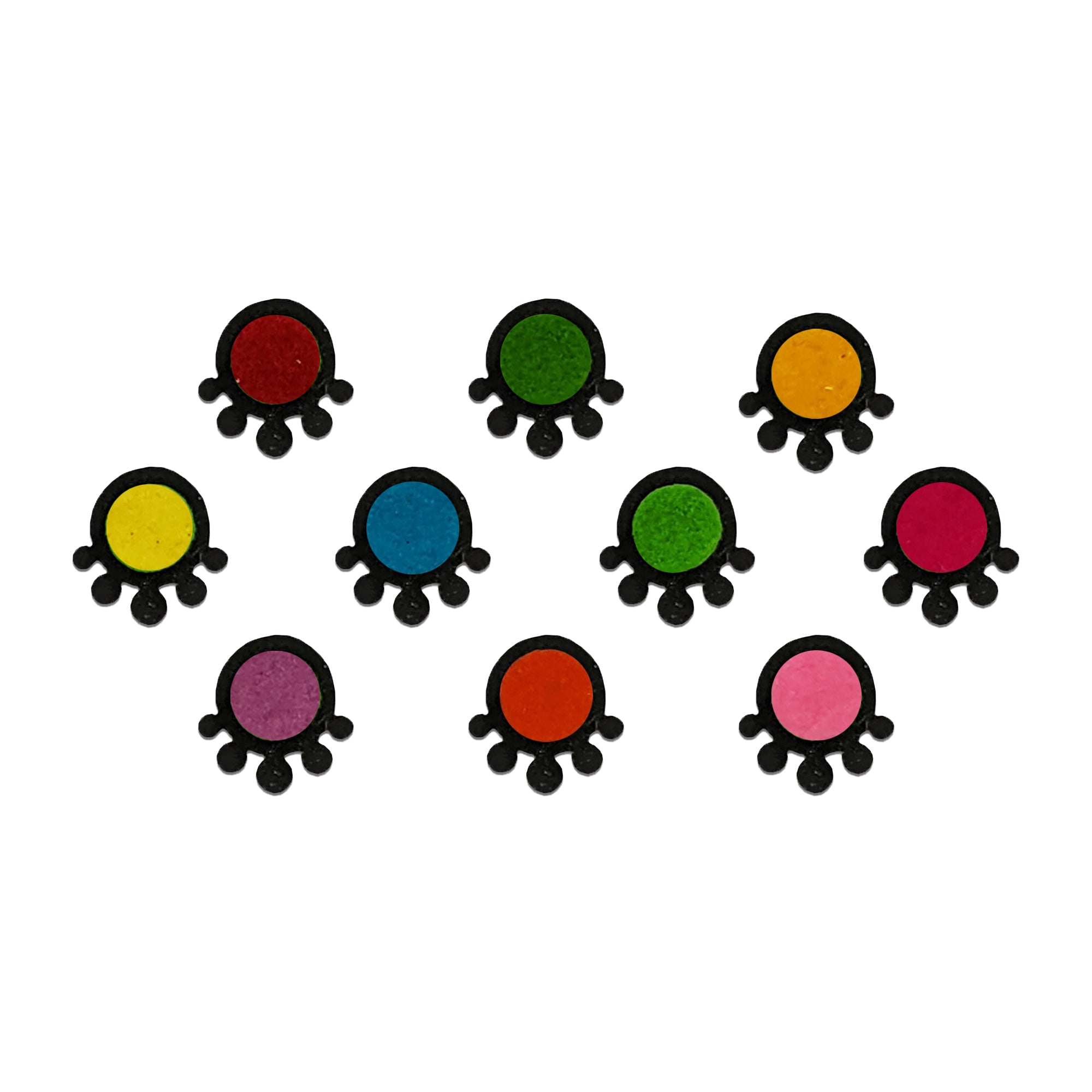 Comet Busters multicolor round velvet bindis featuring decorative black base detailing with colorful circular center dots in red, green, yellow, blue, pink, purple, and orange shades.