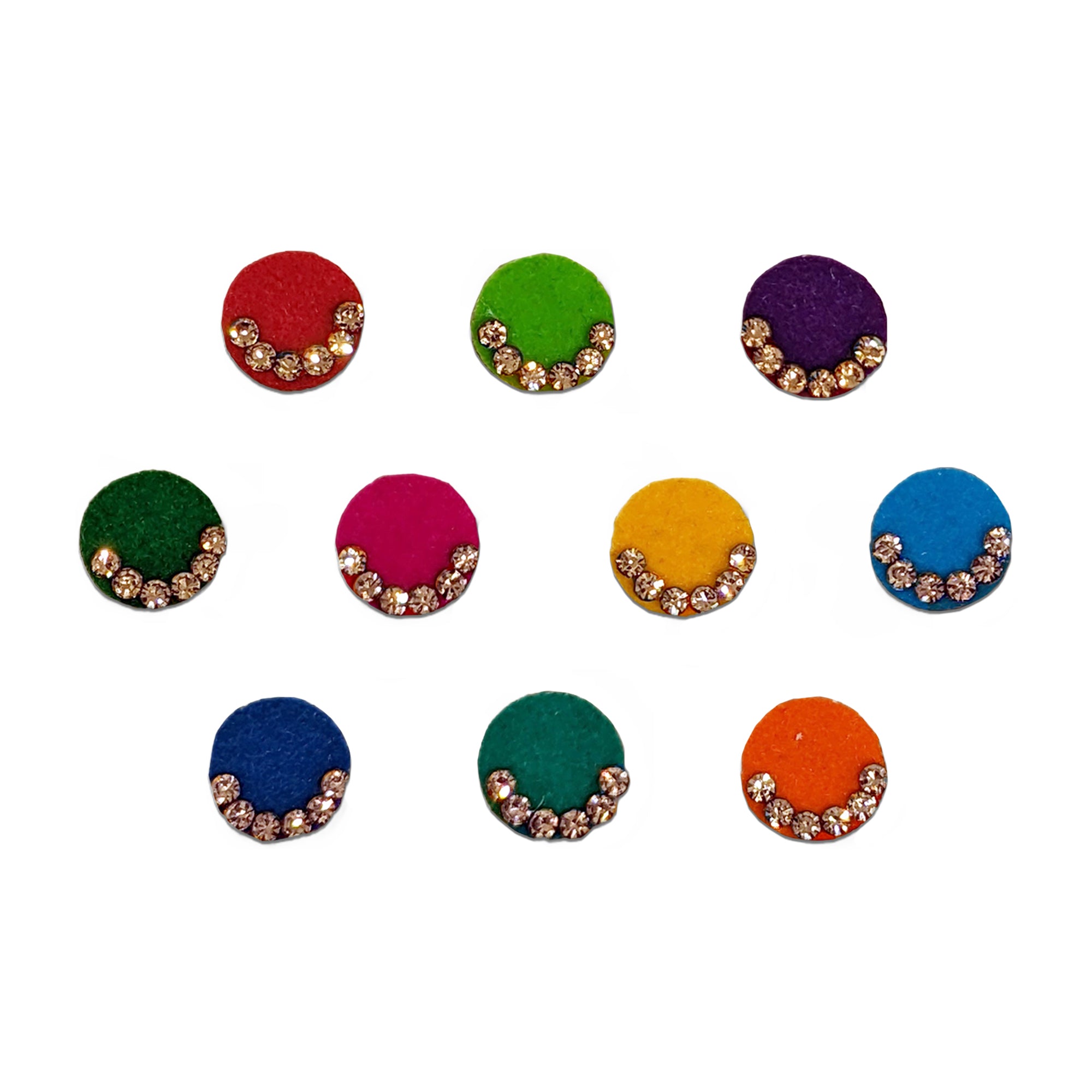Comet Busters multicolor velvet round bindis featuring sparkling crystal stone accents for festive, traditional, and party wear.