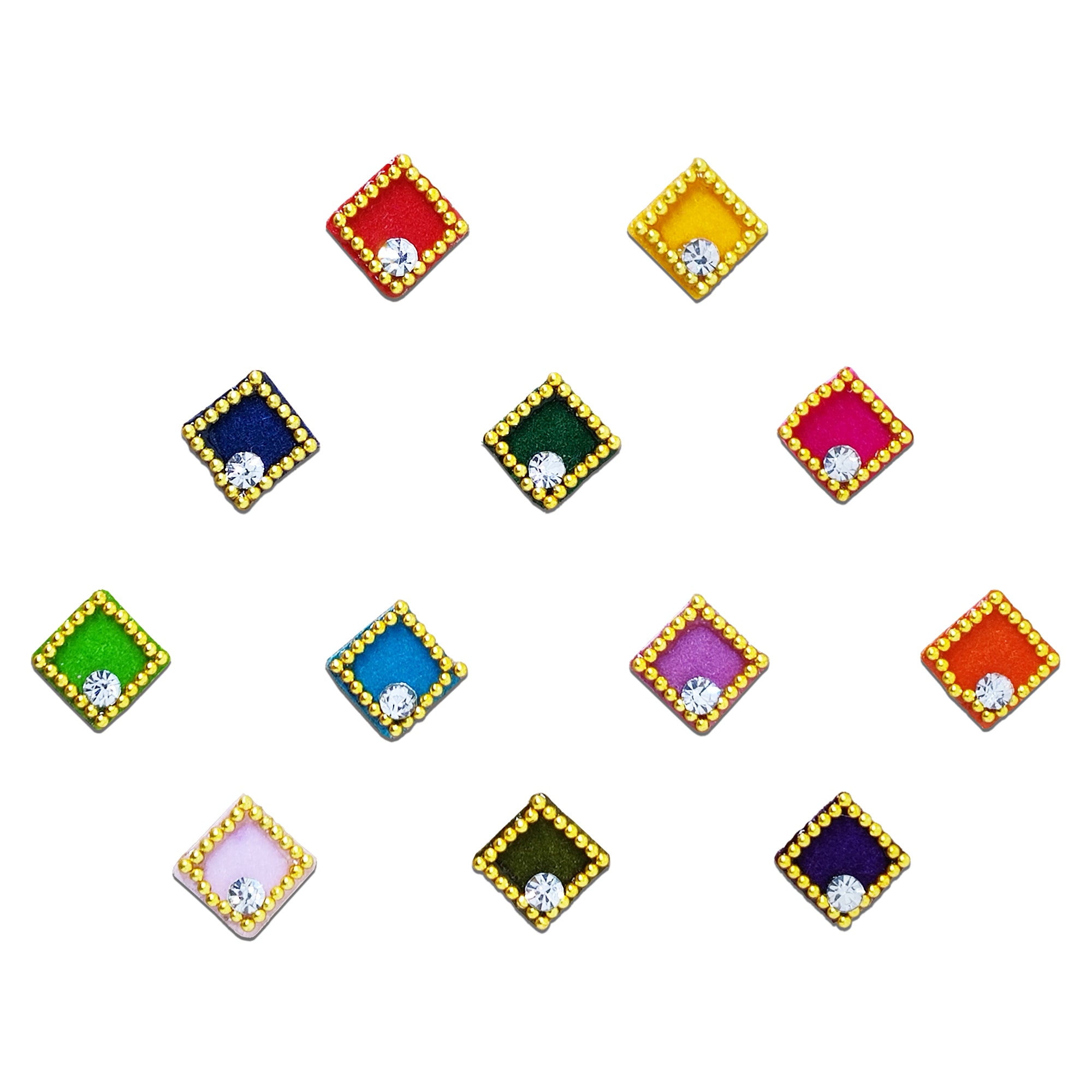 Comet Busters multicolor velvet square designer bindi set featuring red, yellow, navy blue, dark green, pink, lime green, sky blue, lavender, orange, light pink, olive green, and purple velvet bindis with elegant gold bead borders and sparkling crystal accents. Premium self-adhesive bindis for women and girls, perfect for weddings, festivals, Navratri, Diwali, parties, ethnic wear, cultural events, and everyday traditional styling.
