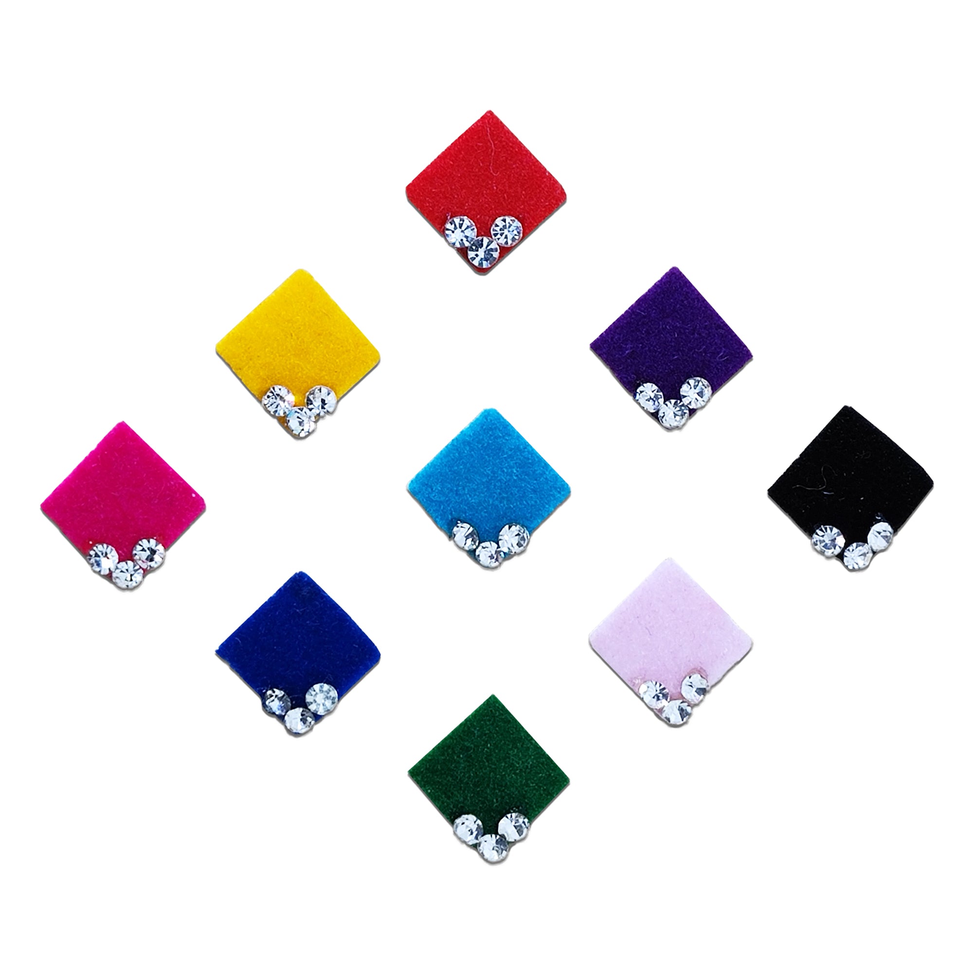 Comet Busters multicolor velvet square designer bindi set featuring red, yellow, purple, black, pink, royal blue, sky blue, lavender, and green velvet bindis accented with three sparkling crystal stones. Premium self-adhesive bindis for women and girls, perfect for weddings, festivals, Navratri, Diwali, parties, ethnic wear, and everyday traditional styling.