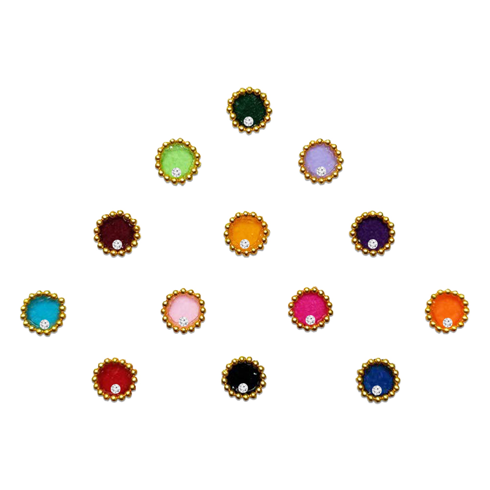 Comet Busters multicolor velvet round bindis featuring gold bead borders with sparkling crystal stone accents in vibrant shades like pink, blue, green, orange, red, black, and purple for festive and ethnic wear.