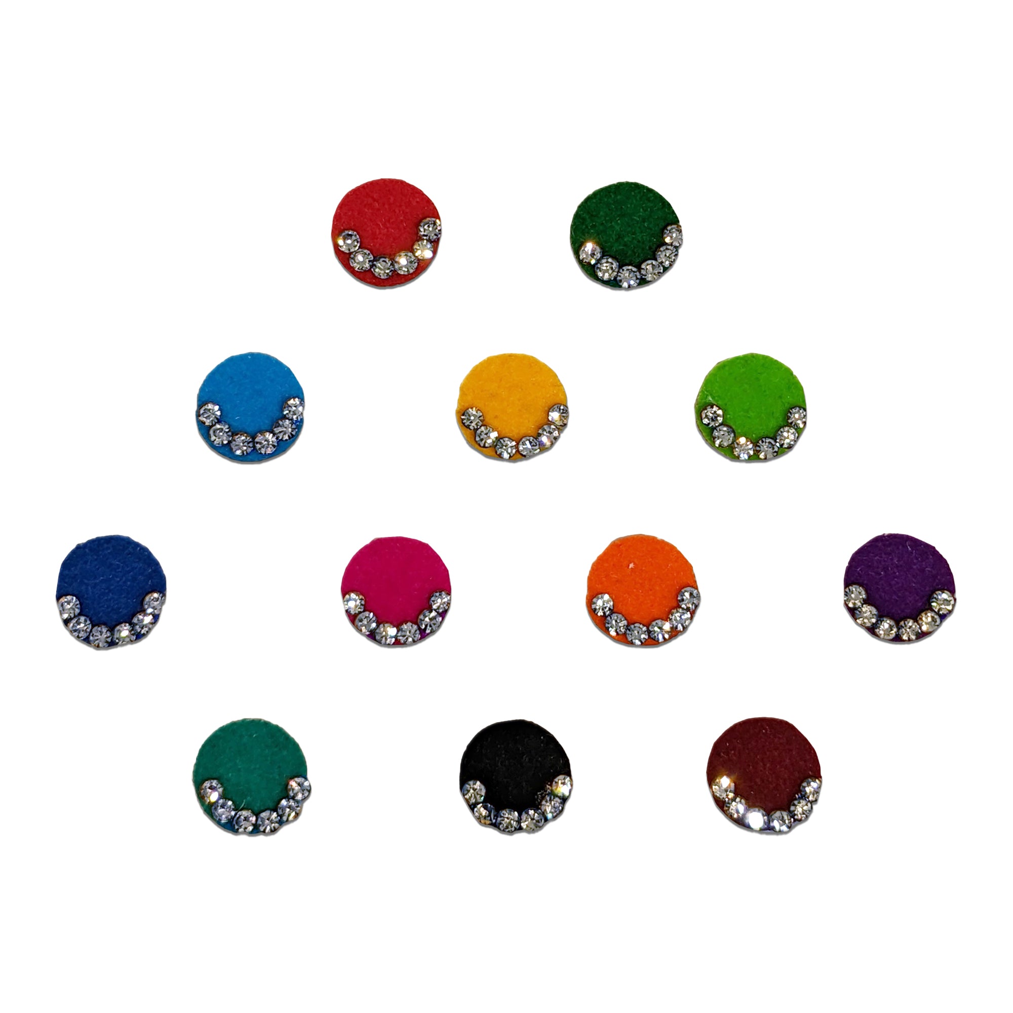 Comet Busters multicolor velvet round bindis featuring sparkling crystal stone accents for festive, traditional, and party wear.