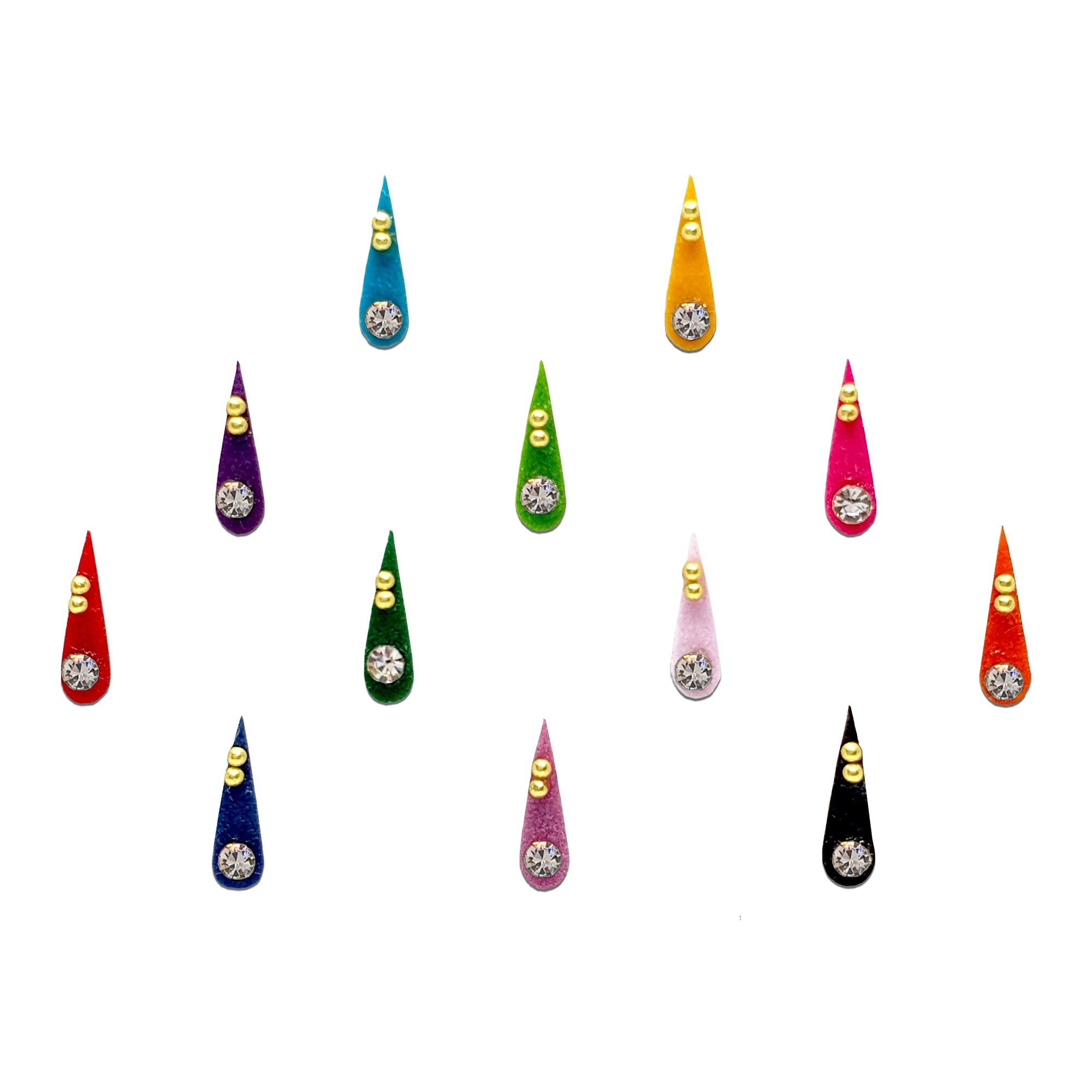 Comet Busters multicolor velvet teardrop bindi with crystal stone and gold bead detailing, designer Indian forehead sticker for women, ideal for weddings, festivals, Navratri, cultural events, classical dance performances, and ethnic outfits.