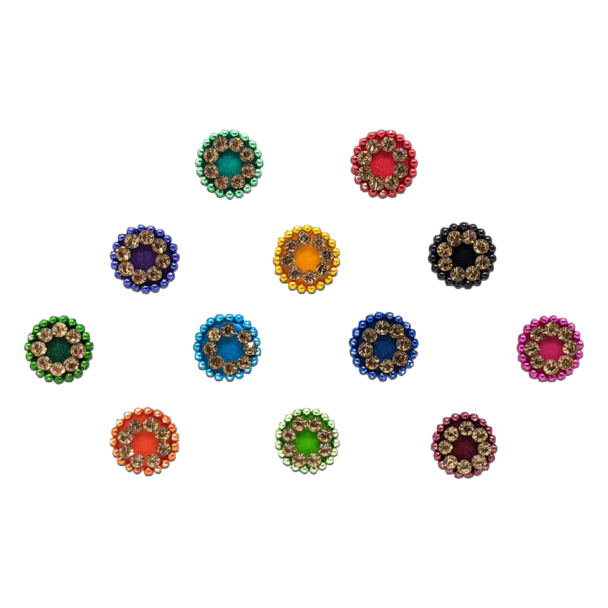 Comet Busters® Multicolor Velvet Bindis – Round Crystal Halo Designer Bindi with Gold Bead Border for Women & Girls