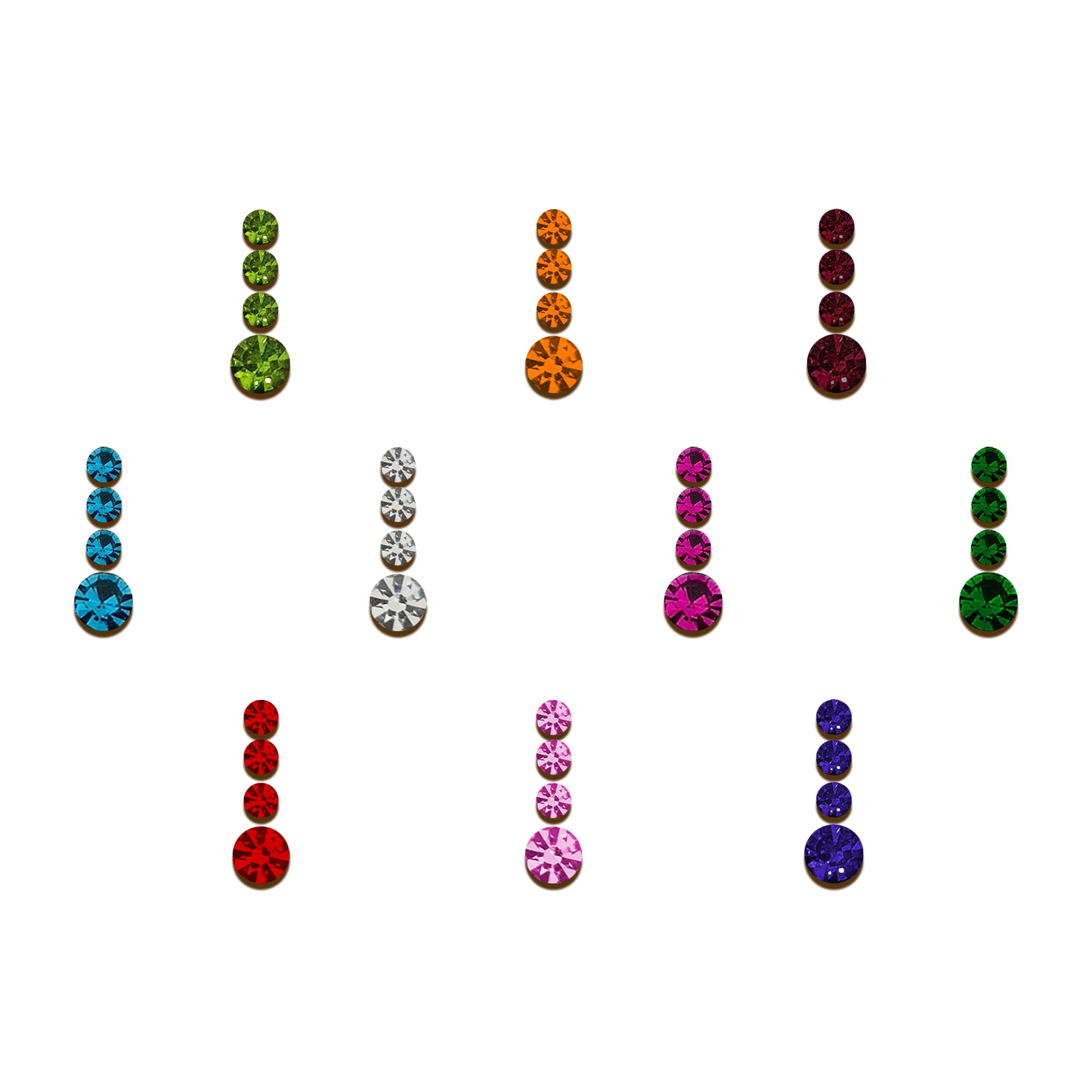 Comet Busters Multicolor Crystal Drop Bindis featuring elegant vertical arrangements of sparkling round rhinestones in blue, green, orange, maroon, pink, red, purple, white, and emerald shades. Reusable designer stone bindis for women and girls, perfect for weddings, festivals, parties, classical dance performances, bridal wear, and premium ethnic styling.