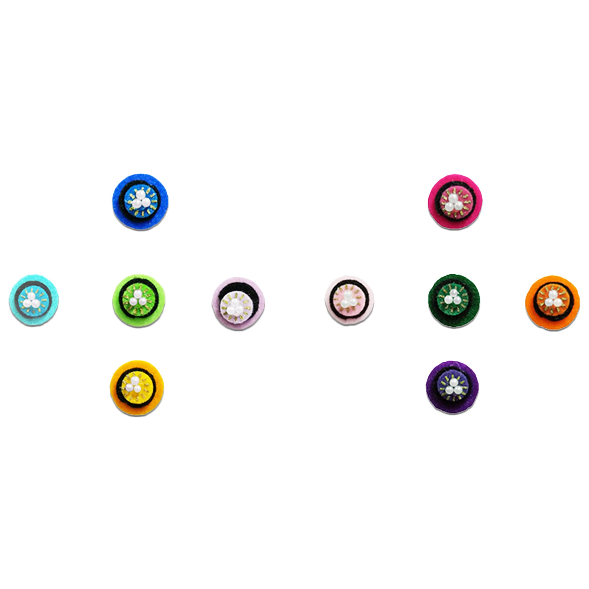 Comet Busters multicolor round designer bindi sheet featuring 7 reusable self-adhesive bindis with pearl centers, striped enamel detailing, and vibrant shades of pink, green, teal, orange, purple, and dark green. Elegant traditional bindis ideal for weddings, festivals, Navratri, Diwali, Karwa Chauth, parties, and ethnic wear including sarees, lehengas, kurtis, and salwar suits.