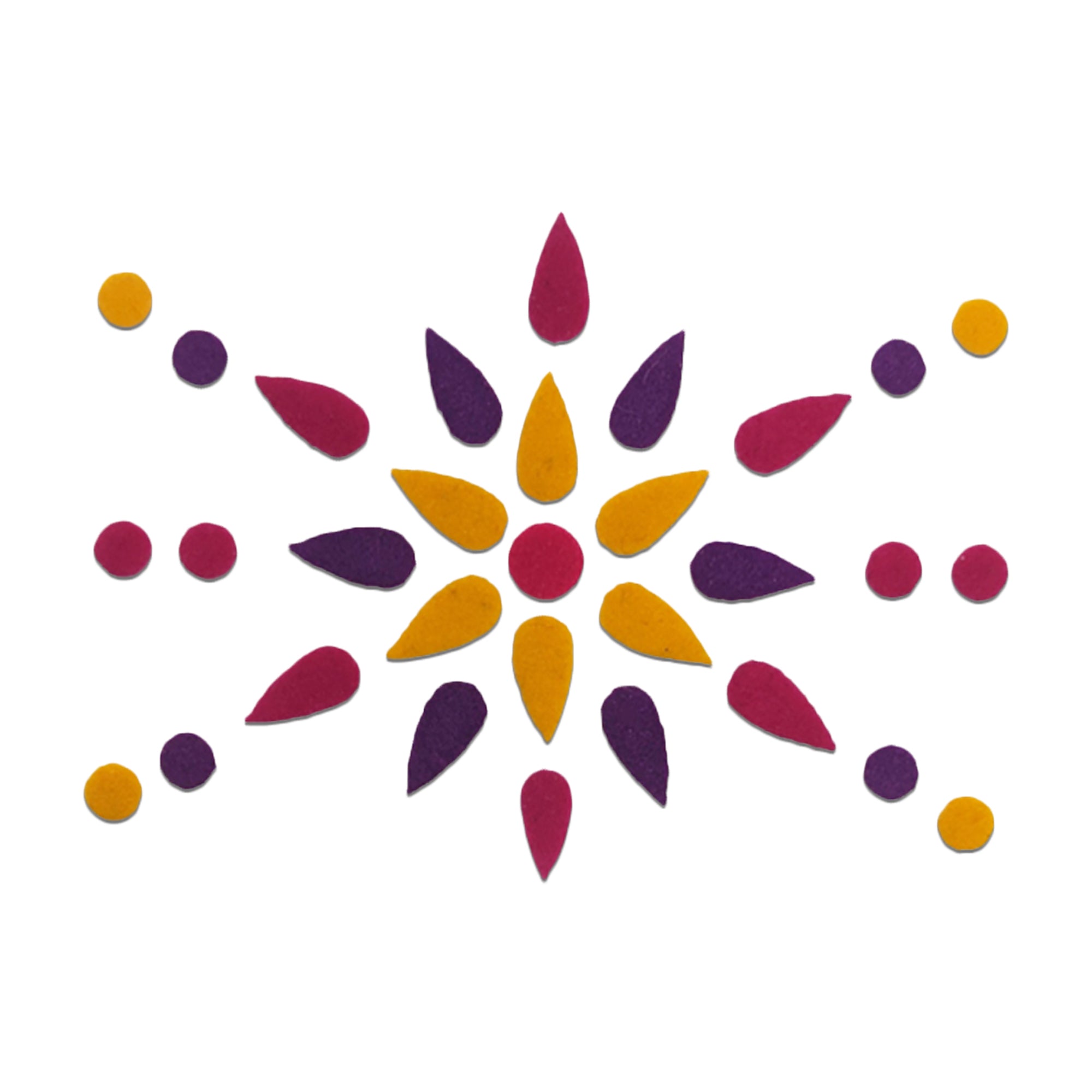 Comet Busters multicolor teardrop and round velvet bindis arranged in a symmetrical designer pattern featuring pink, purple, and yellow bindis for traditional and festive ethnic wear.