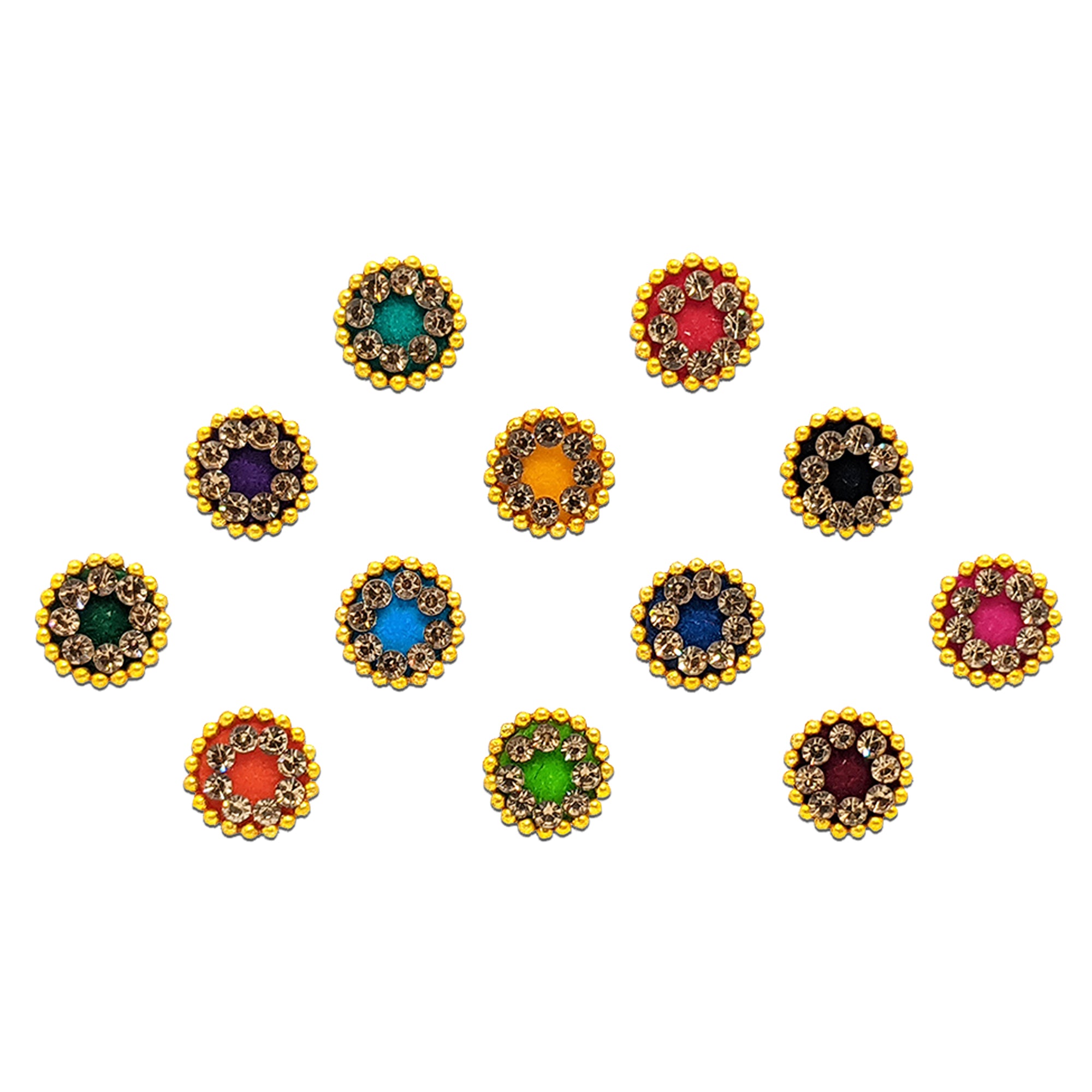 Comet Busters® Multicolor Velvet Bindis – Round Crystal Halo Designer Bindi with Gold Bead Border for Women & Girls