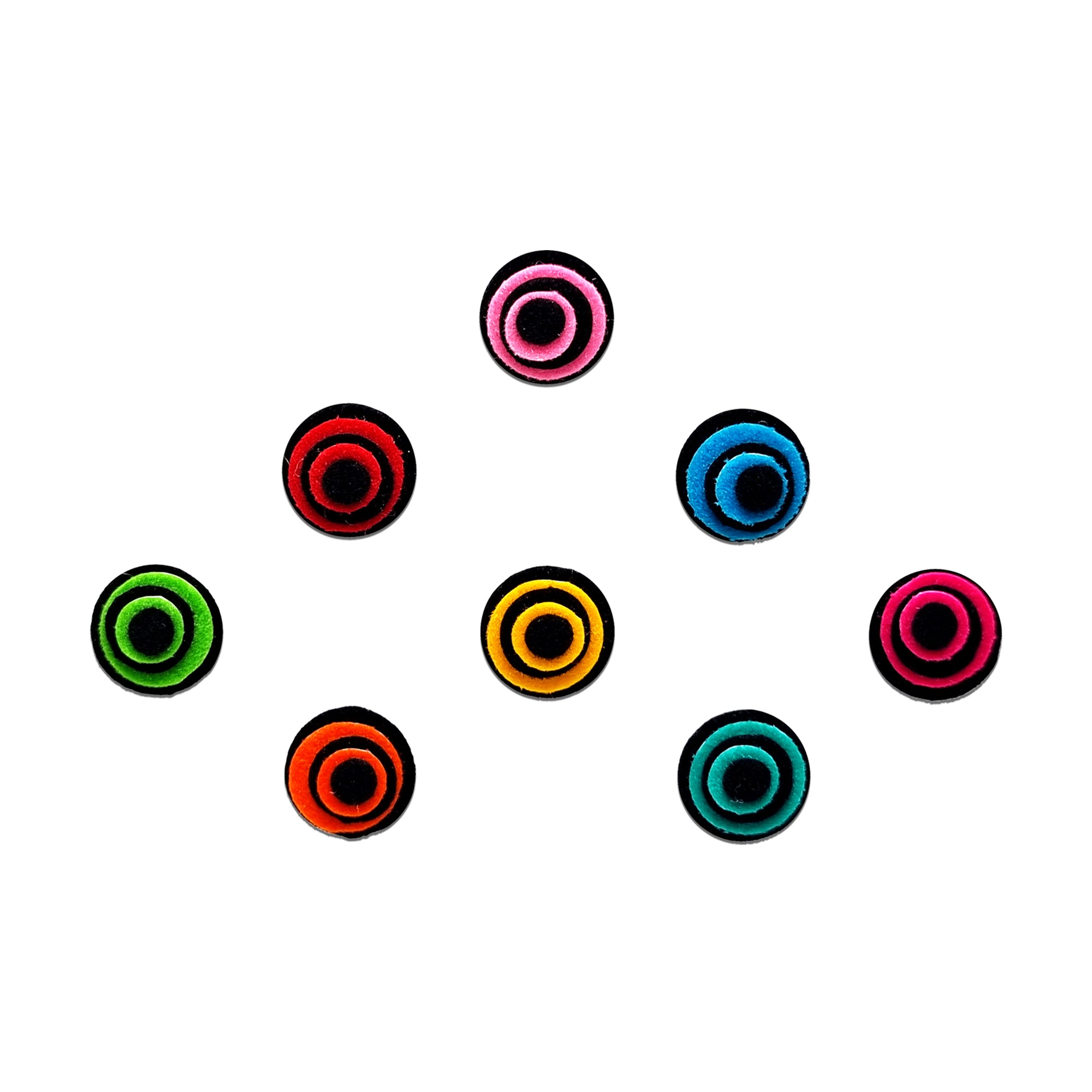 Comet Busters pink velvet concentric circle bindi, designer round forehead sticker for women, colorful ethnic bindi for festivals, weddings, Navratri, Bharatanatyam, classical dance, and traditional Indian attire.