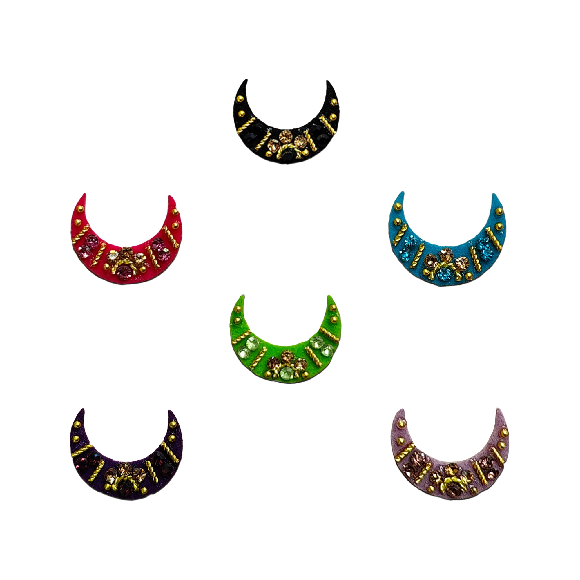 Multicolor crescent moon bindis featuring glossy black stones