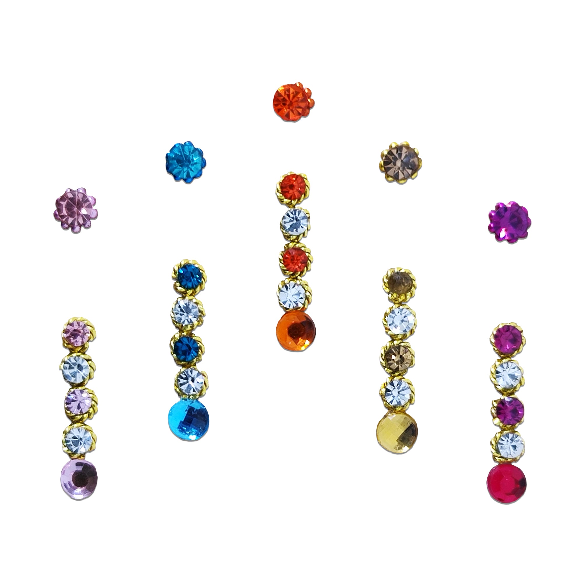 Comet Busters premium multicolor crystal line designer bindi with rhinestone detailing and vertical stone pattern for festive and partywear styling.