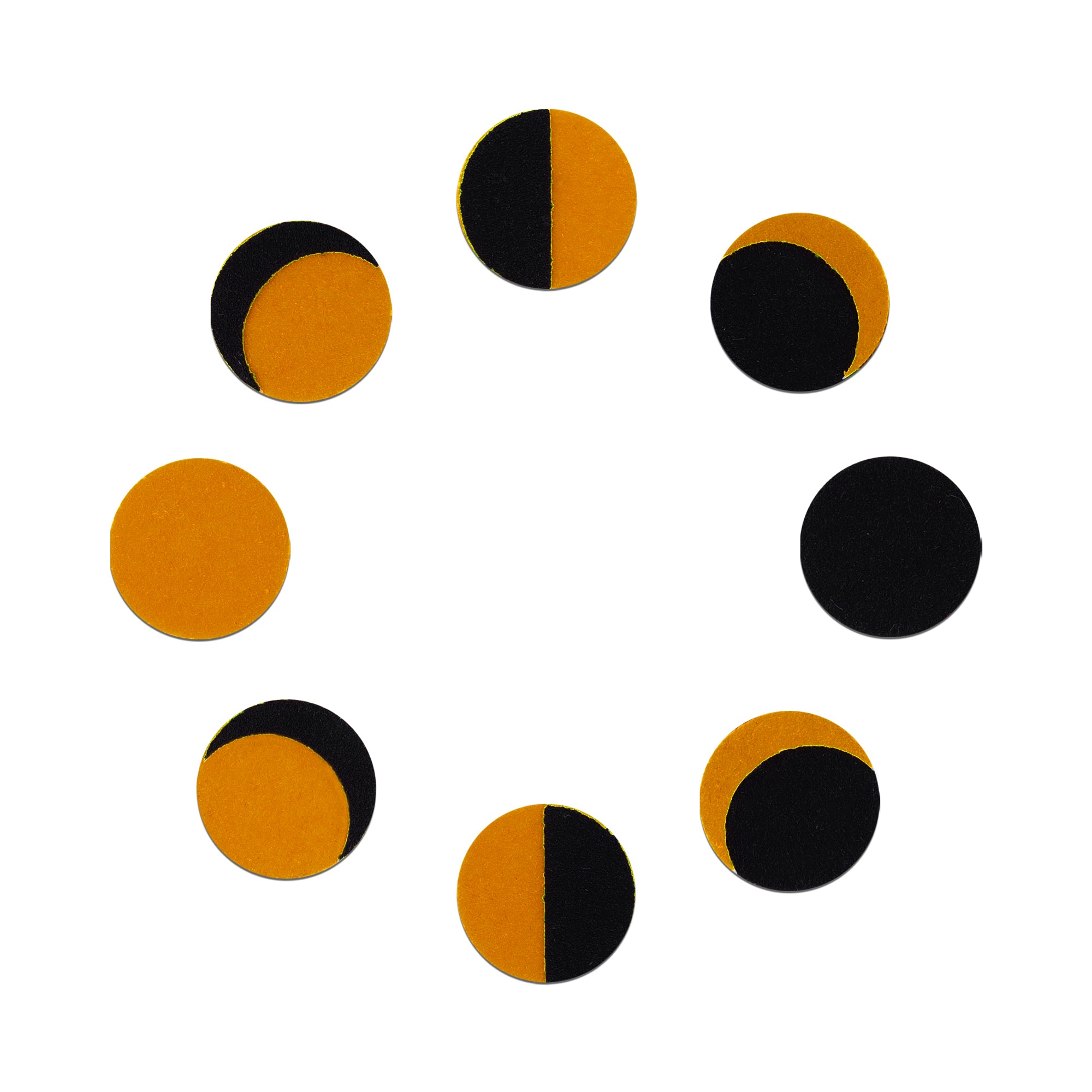 Comet Busters mustard yellow and black Phase of Moon round bindi featuring moon phase-inspired designs, celestial-themed traditional forehead bindi for women