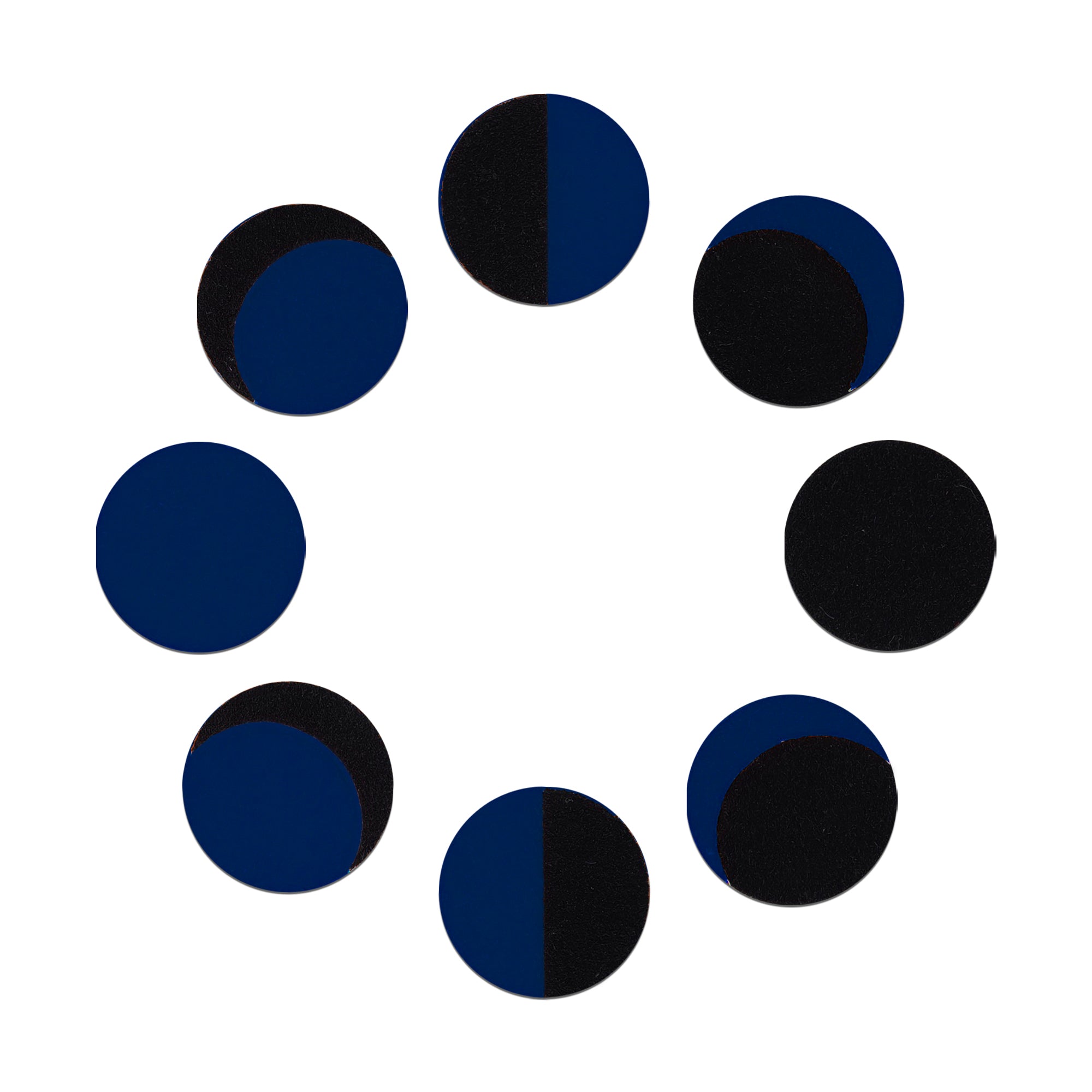 Comet Busters navy blue and black Phase of Moon round bindi featuring multiple moon phase-inspired designs, celestial-themed traditional forehead bindi for women and girls.