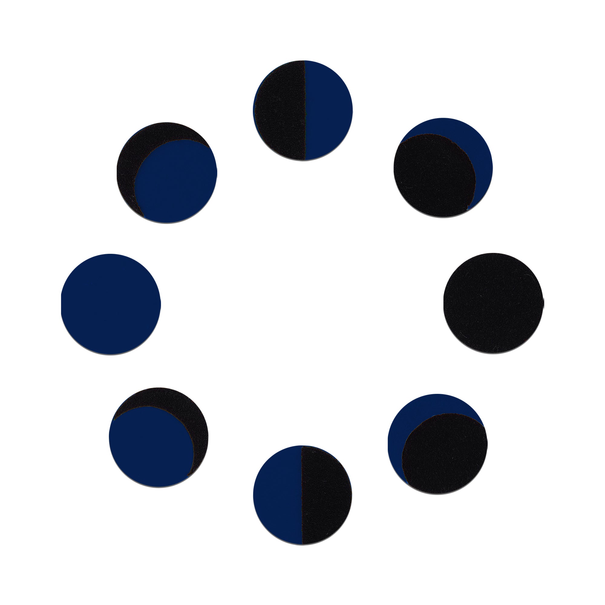 Comet Busters navy blue and black Phase of Moon round bindi featuring multiple moon phase-inspired designs, celestial-themed traditional forehead bindi for women and girls.