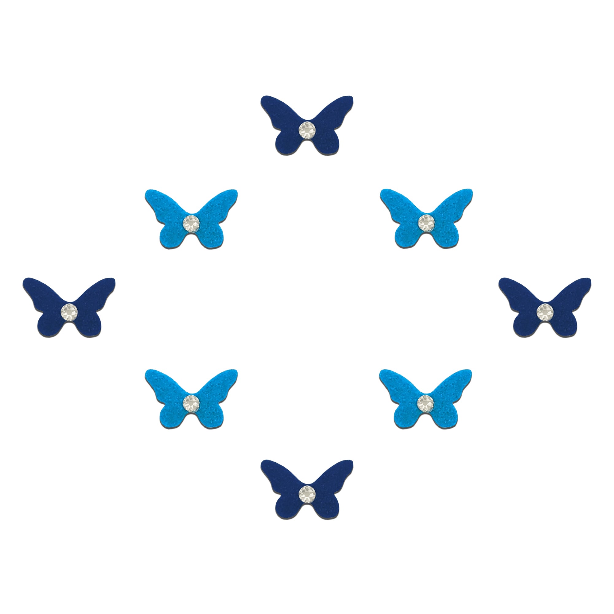 Comet Busters navy blue butterfly-shaped velvet bindis featuring sparkling crystal stone centers, designed for trendy, festive, party, and ethnic fashion looks for women and girls.