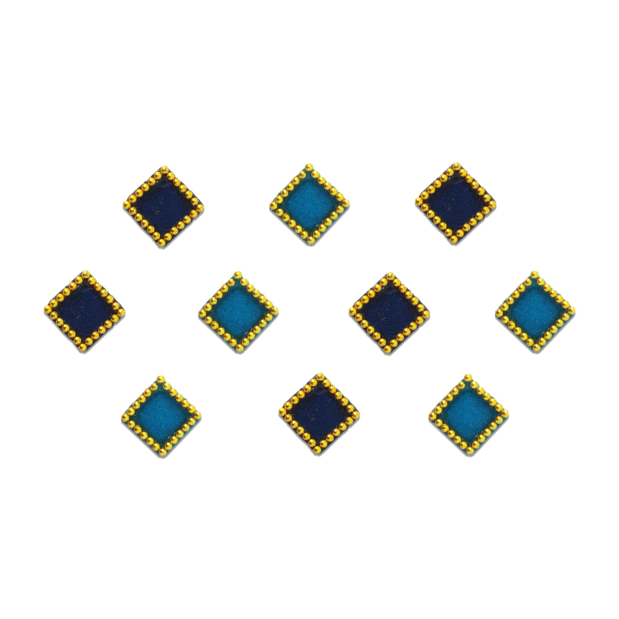 Comet Busters Navy Blue & Teal Diamond Velvet Bindi featuring alternating navy blue and teal diamond-shaped velvet bindis with an elegant gold beaded border. Self-adhesive designer bindis for women and girls, ideal for daily wear, festivals, Navratri, Diwali, Karwa Chauth, weddings, temple visits, cultural celebrations, and traditional or Indo-western outfits.