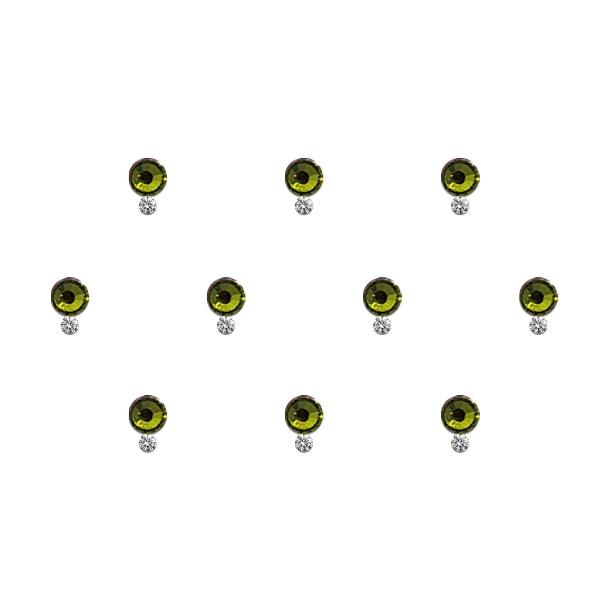 Comet Busters olive green stone bindis featuring round crystal stones with tiny diamond accents, designed for elegant ethnic, festive, and traditional forehead styling.