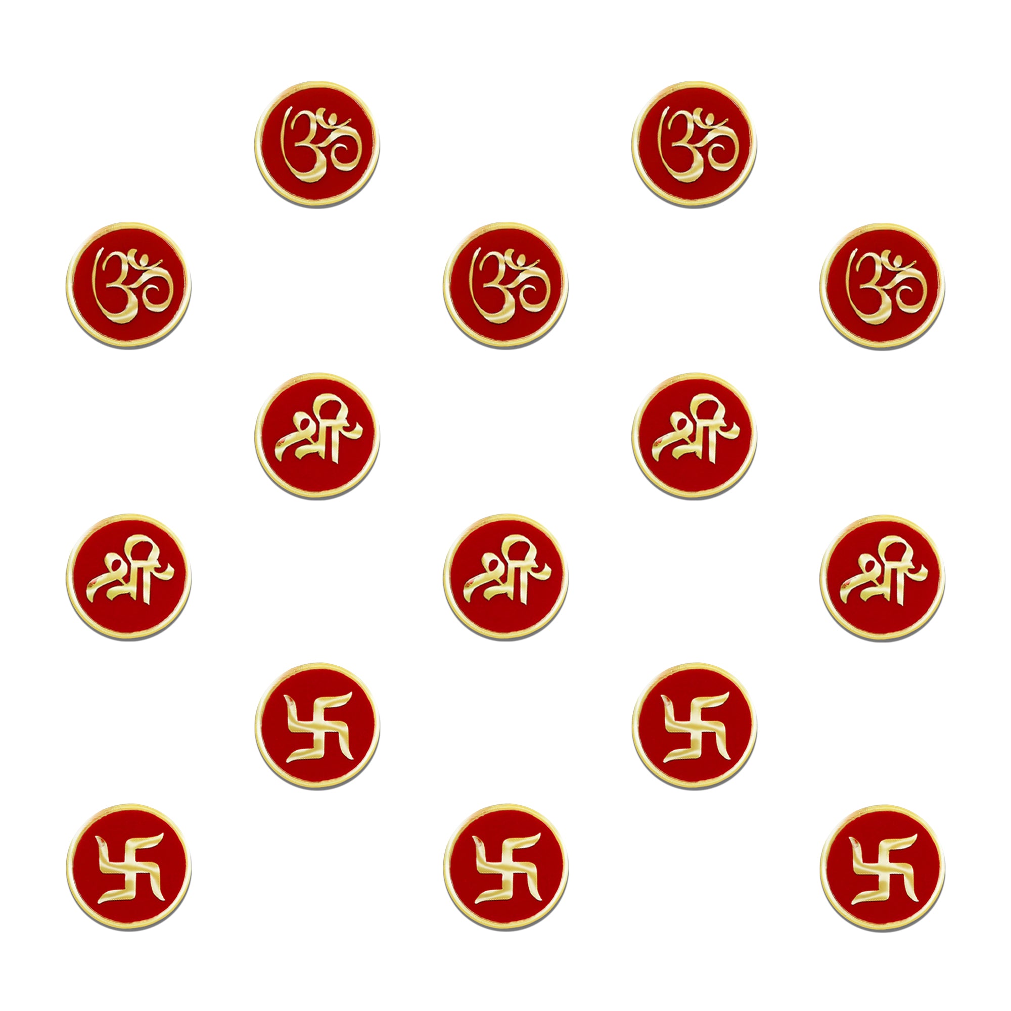 Indira by Comet Busters® premium mini designer bindi featuring sacred Om, Shree, and Swastik symbols in antique gold on rich maroon velvet round bases for women and girls.