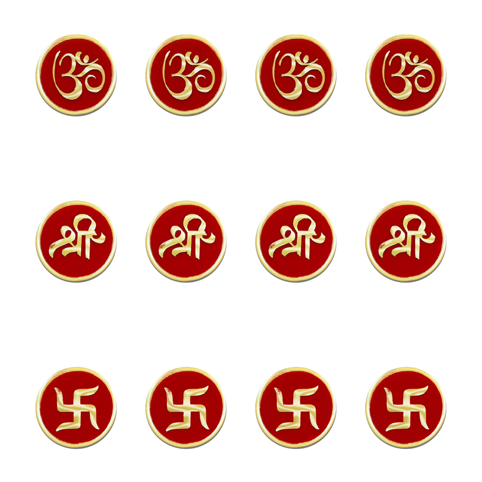 Indira by Comet Busters® premium mini designer bindi featuring sacred Om, Shree, and Swastik symbols in antique gold on rich maroon velvet round bases for women and girls.