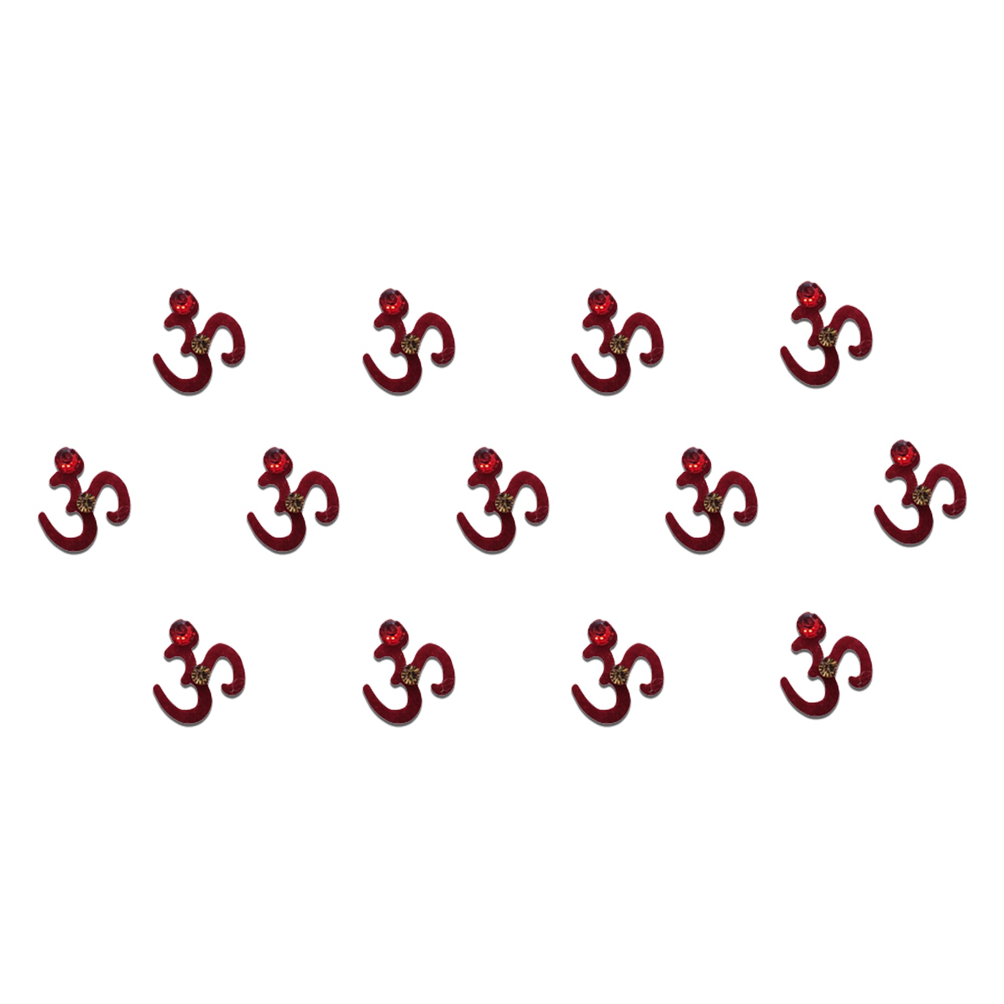 Comet Busters red Om symbol designer bindis adorned with sparkling red and golden crystal accents, self-adhesive spiritual bindis for women and girls.