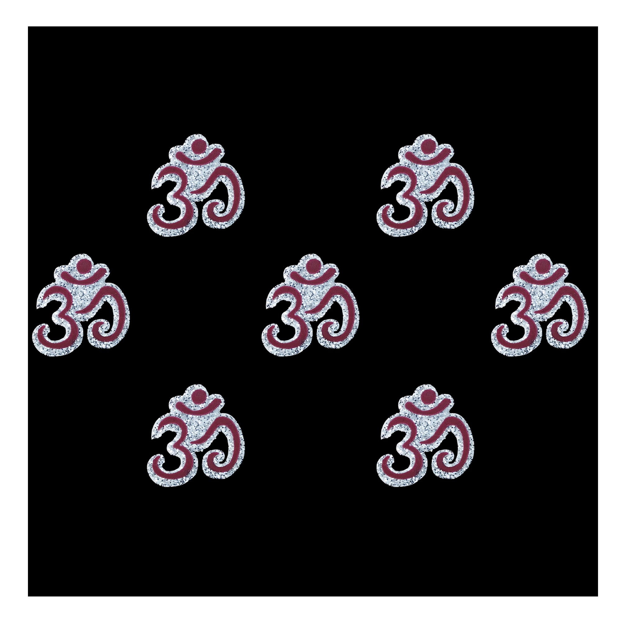 Comet Busters Om Symbol Spiritual Designer Bindi for Women and Girls, silver glitter finish sacred Om motif bindi with maroon detailing, reusable religious forehead adornment for पूजा, meditation, festivals and traditional wear.
