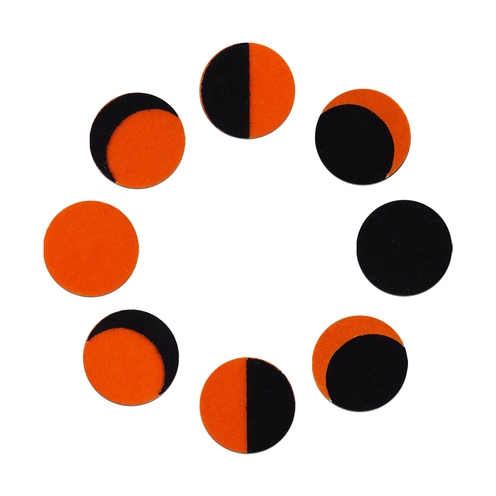 Comet Busters orange and black Phase of Moon round bindi featuring different moon phase-inspired designs, celestial-inspired traditional forehead bindi for women and girls.