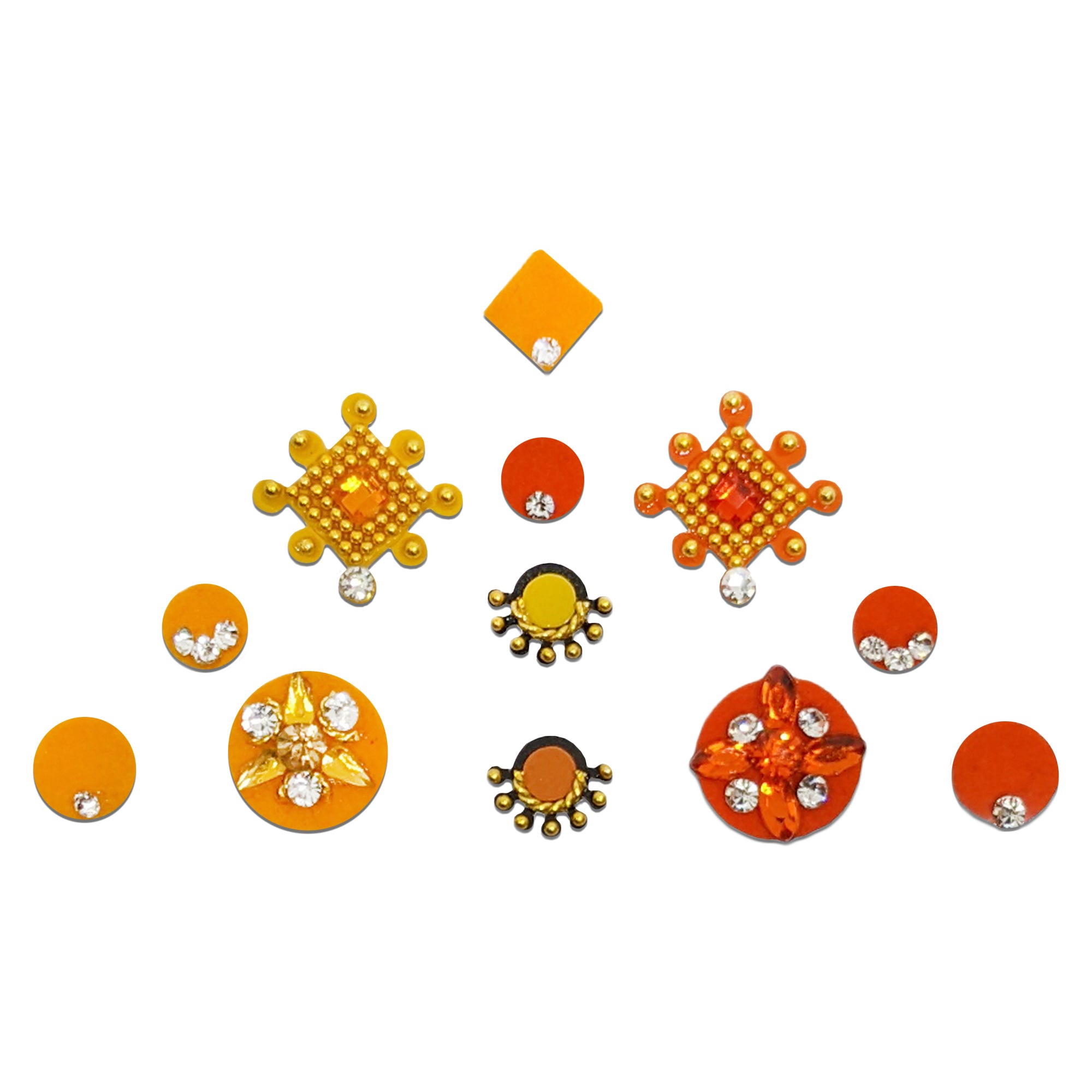 Comet Busters orange and yellow designer bindis with crystal stones