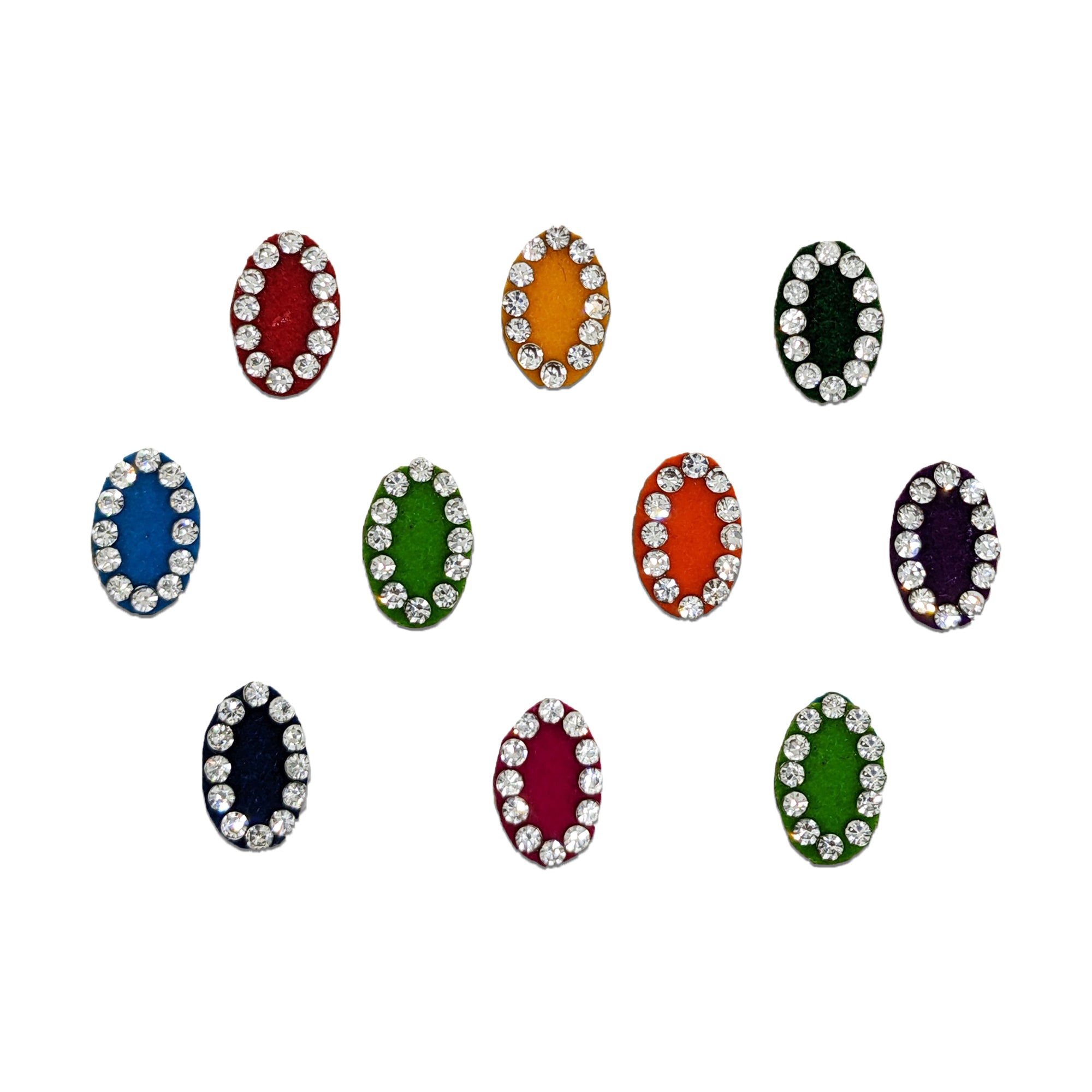 Comet Busters multicolor velvet Oval bindis featuring sparkling crystal stone accents for festive, traditional, and party wear.