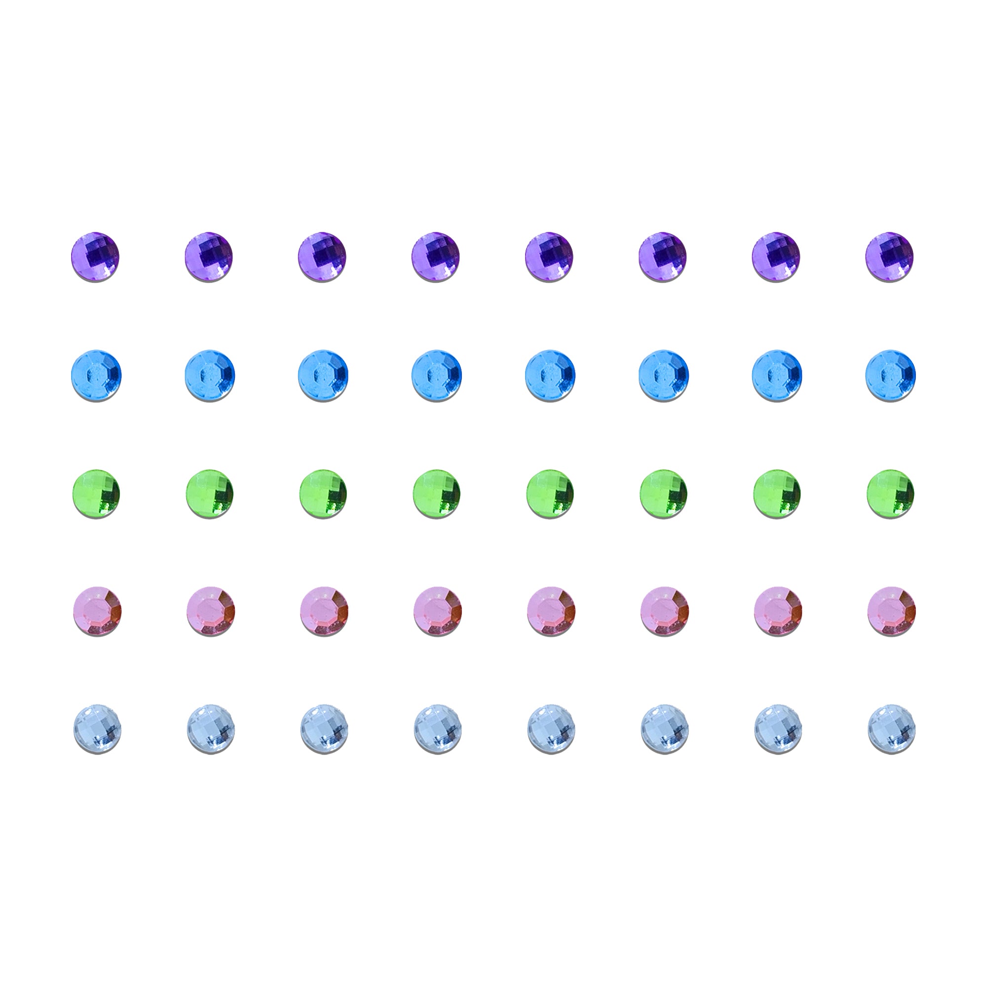 Comet Busters Pastel Crystal Stone Bindis featuring faceted round mirror-cut stones in lavender, sky blue, lime green, pink, and icy blue shades. Available in multiple sizes, these reusable designer stone bindis add a subtle sparkle to ethnic, festive, party, bridal, and contemporary fashion looks for women and girls.