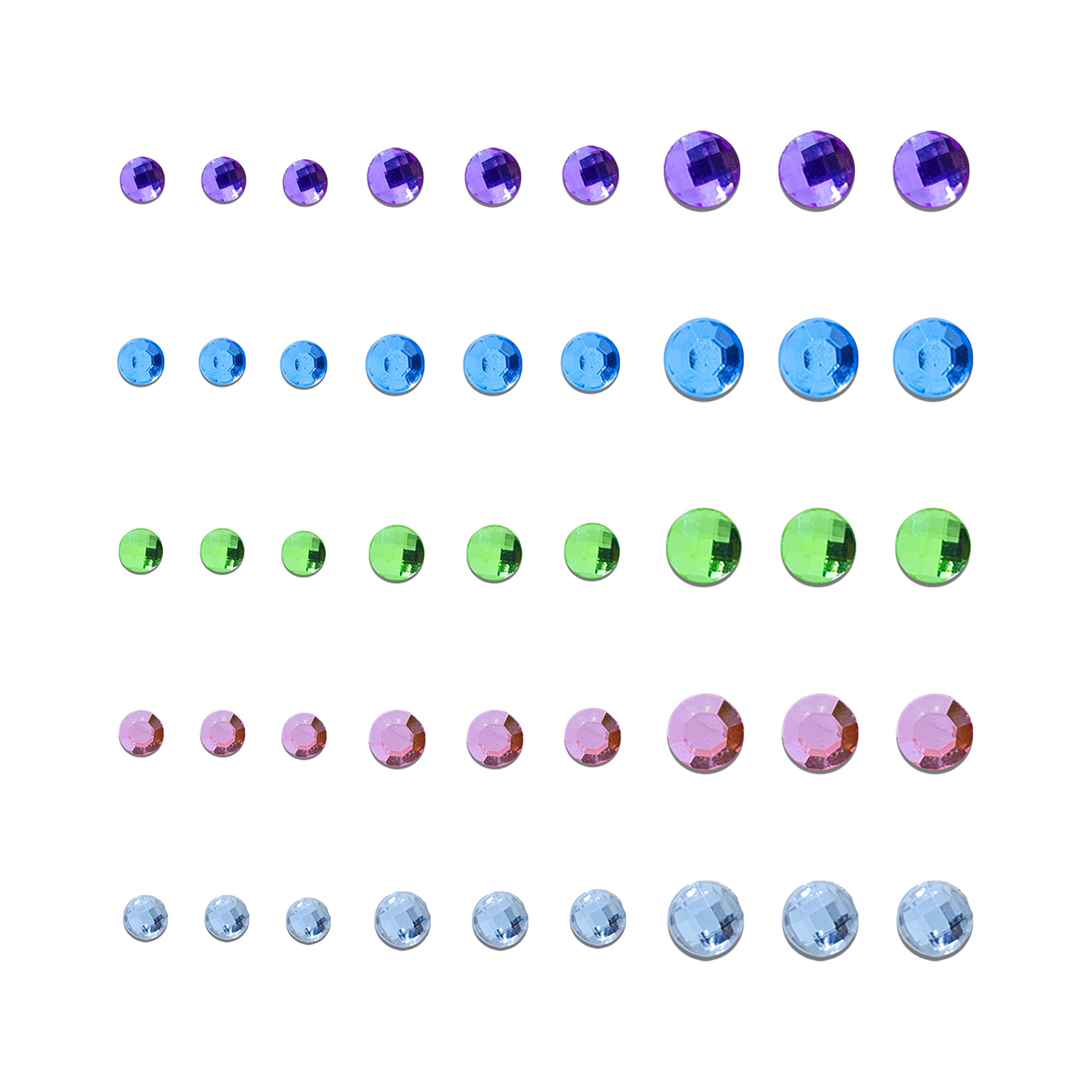 Comet Busters Pastel Crystal Stone Bindis featuring faceted round mirror-cut stones in lavender, sky blue, lime green, pink, and icy blue shades. Available in multiple sizes, these reusable designer stone bindis add a subtle sparkle to ethnic, festive, party, bridal, and contemporary fashion looks for women and girls.