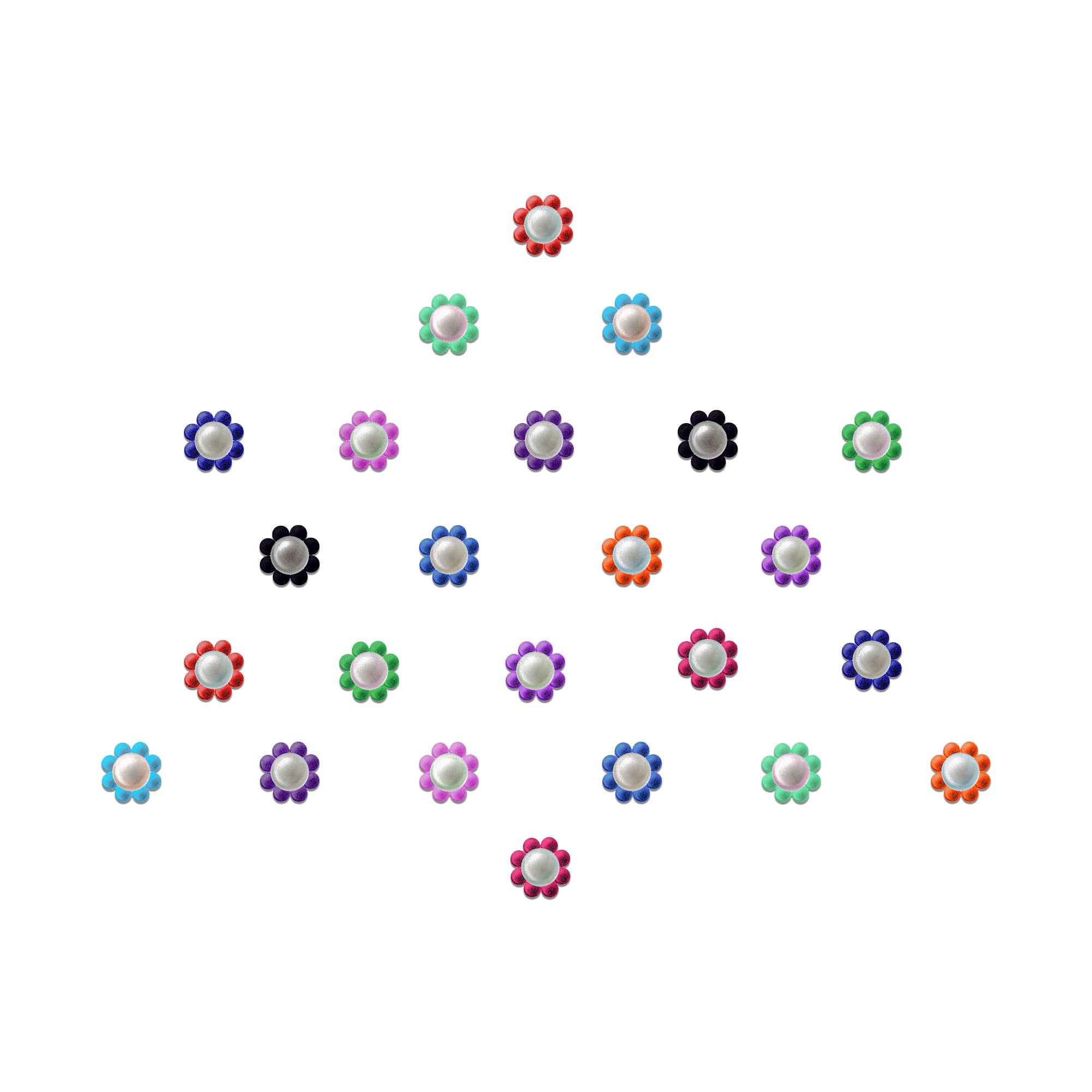 Comet Busters pastel flower pearl bindis featuring soft pearl center stones with colorful floral petal borders in pink, blue, green, purple, orange, and black shades, perfect for festive, ethnic, and traditional styling.