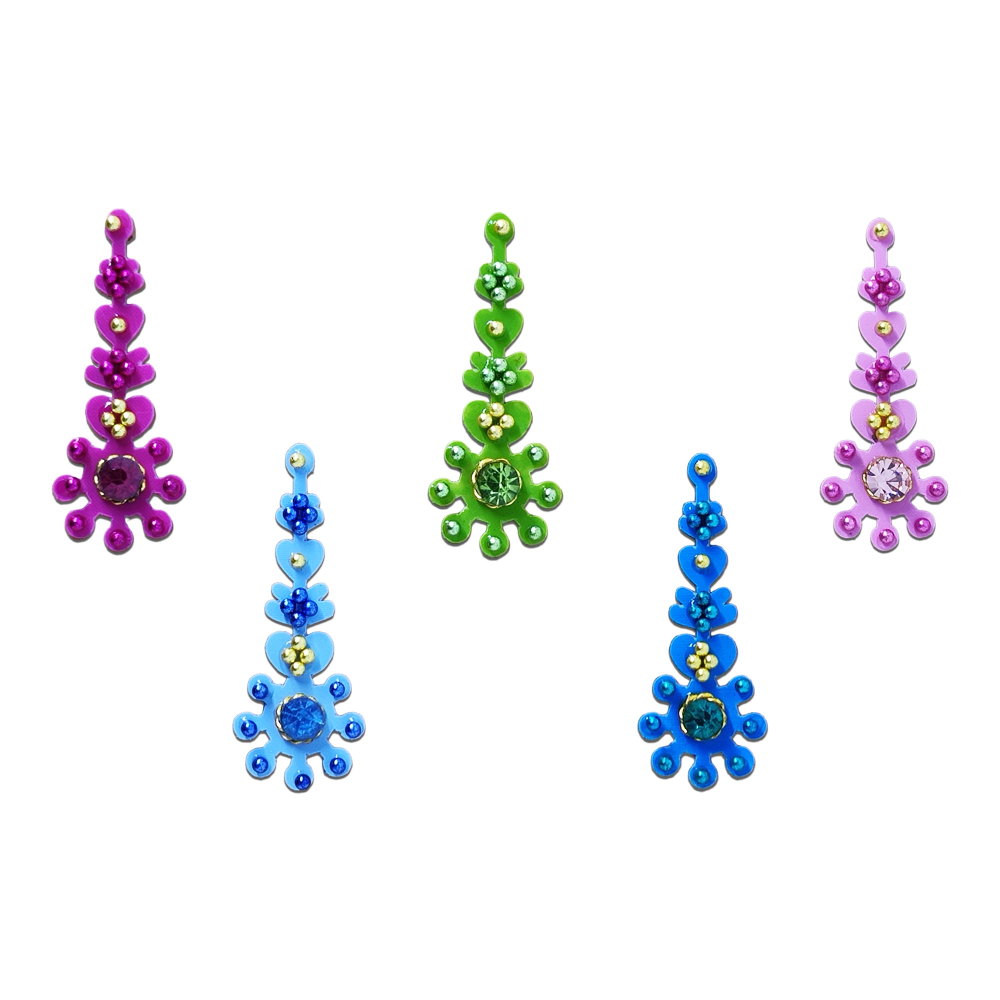 Comet Busters Pastel Multicolor Floral Stone Long Designer Bindis for Women and Girls, Purple Green Sky Blue and Pink Fancy Crystal Bindis, Traditional Ethnic Forehead Stickers