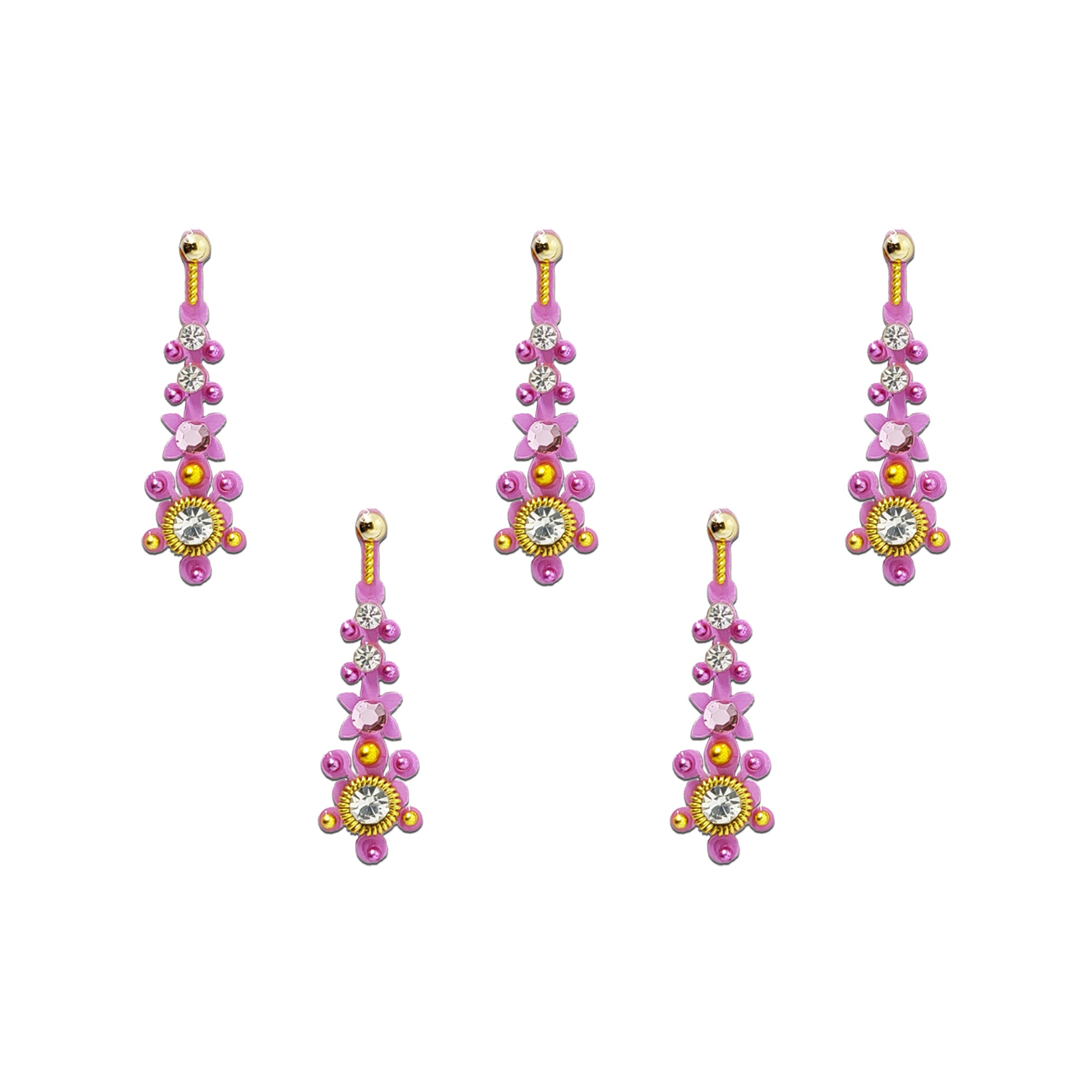 Comet Busters Pastel Pink Floral Crystal Designer Long Bindi featuring a delicate pastel pink floral motif, sparkling white rhinestones, gold-tone detailing, and an elegant vertical drop design. Self-adhesive decorative bindi for women and girls, perfect for weddings, festivals, Navratri, Diwali, parties, bridal wear, dance performances, and traditional ethnic outfits.