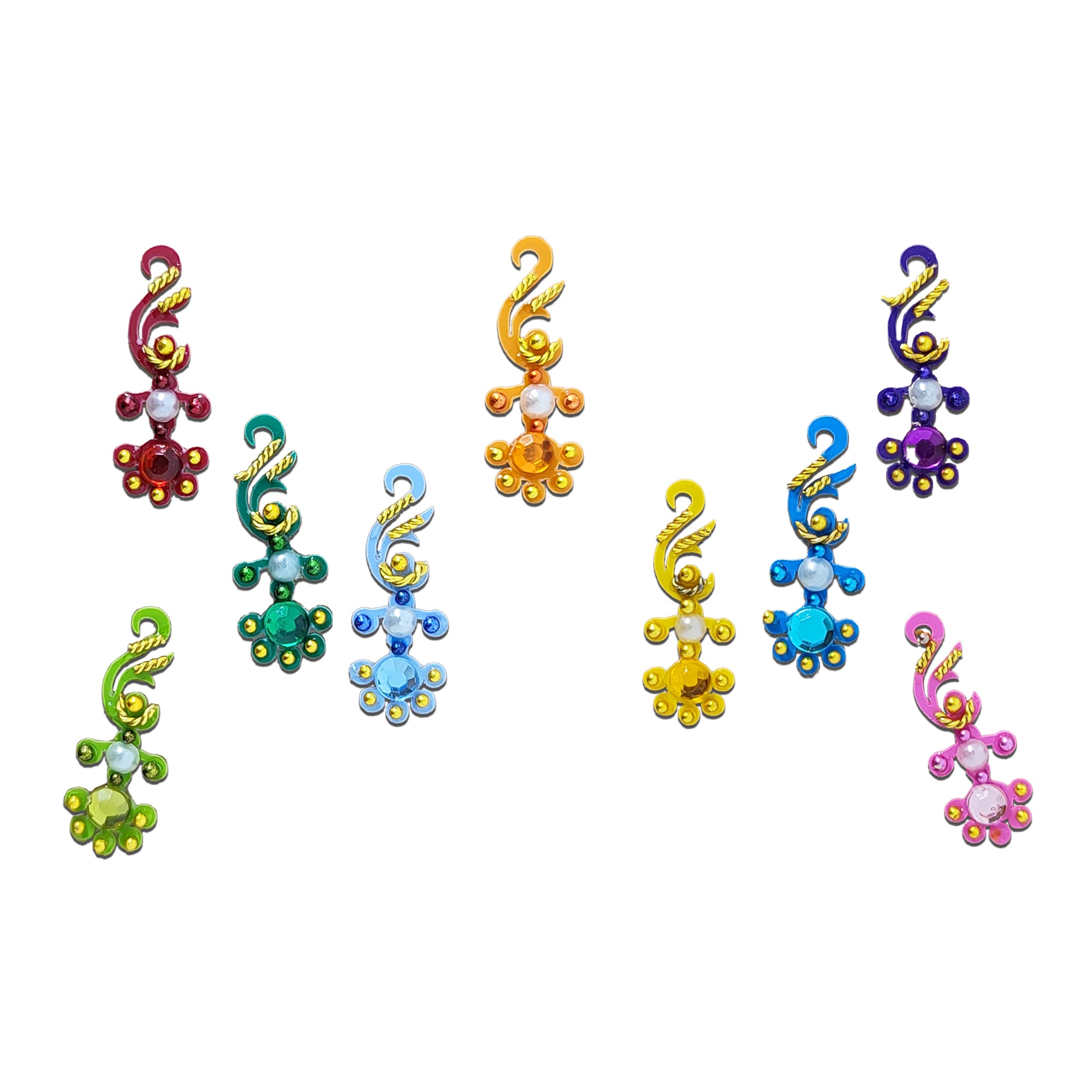 Comet Busters Peacock Paisley Crystal Designer Bindi Collection featuring multicolor self-adhesive bindis with elegant paisley-inspired designs, sparkling crystal stones, gold detailing, and vibrant enamel finish. Decorative forehead bindis for women and girls, perfect for weddings, festivals, Navratri, Diwali, parties, dance performances, and traditional or Indo-western attire