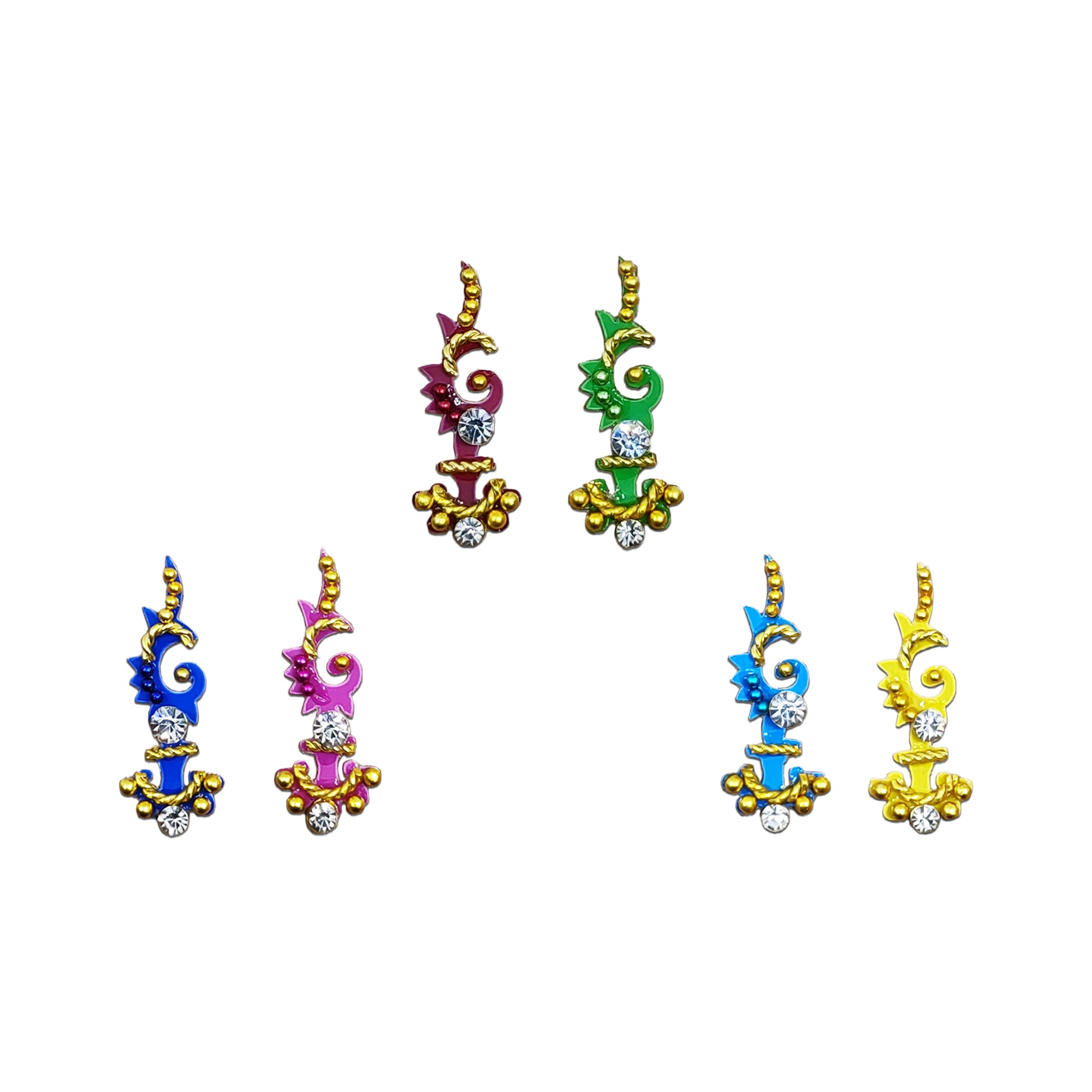 Comet Busters Peacock Curl Crystal Designer Bindi Collection featuring multicolor self-adhesive bindis with elegant peacock-inspired swirl motifs, sparkling crystal stones, gold bead detailing, and enamel finish. Stylish forehead bindis for women and girls, perfect for weddings, festivals, Navratri, Diwali, parties, classical dance performances, and traditional or Indo-western outfits.