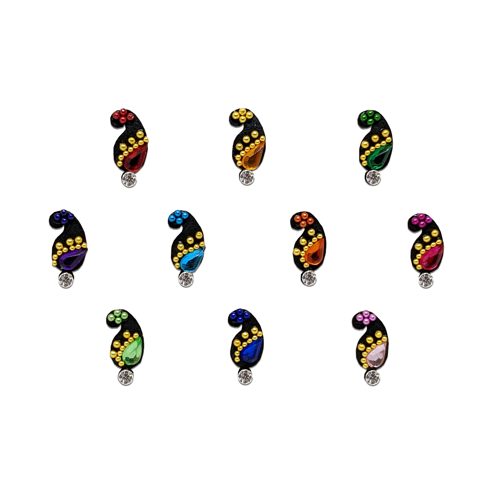Comet Busters multicolor paisley stone bindis with teardrop crystals and golden bead embellishments