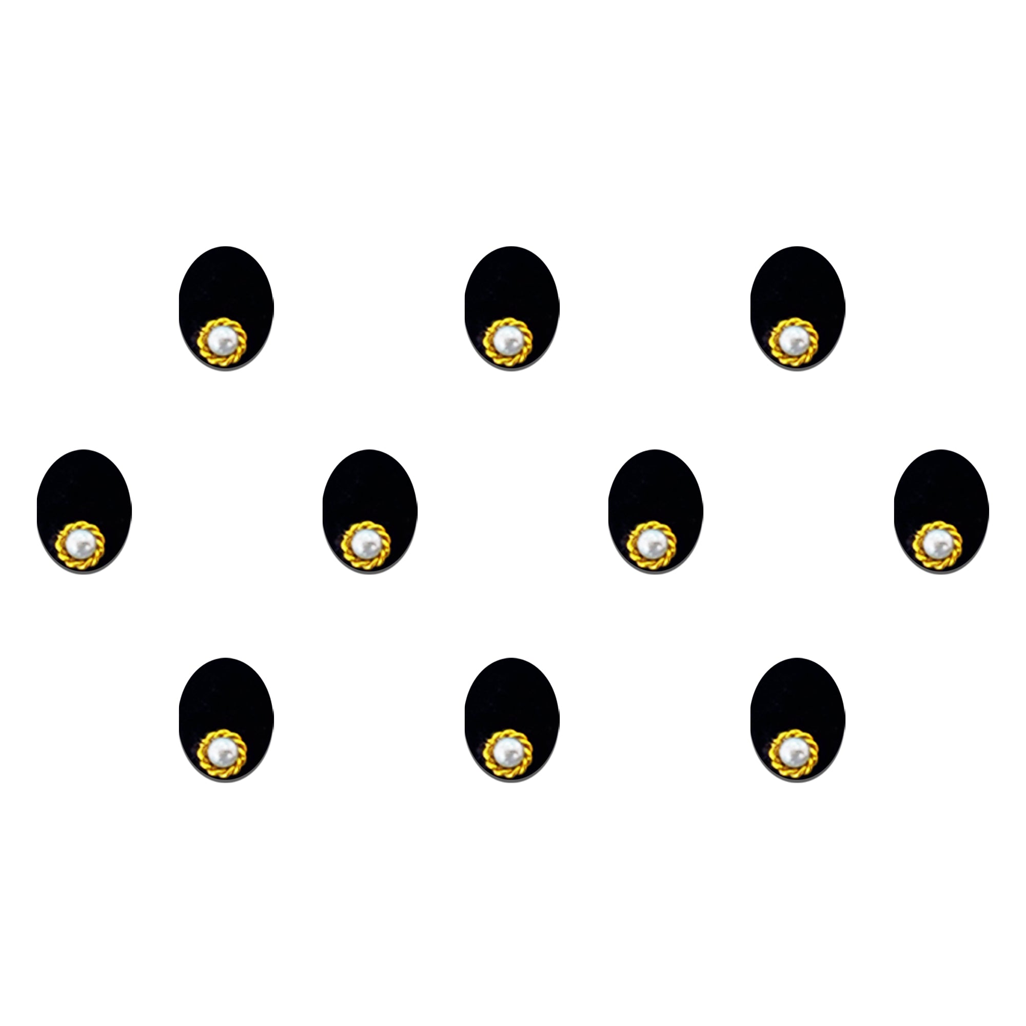 Comet Busters black oval bindi featuring a pearl stone accent with a gold-tone border, designed for elegant ethnic, festive, and traditional wear.