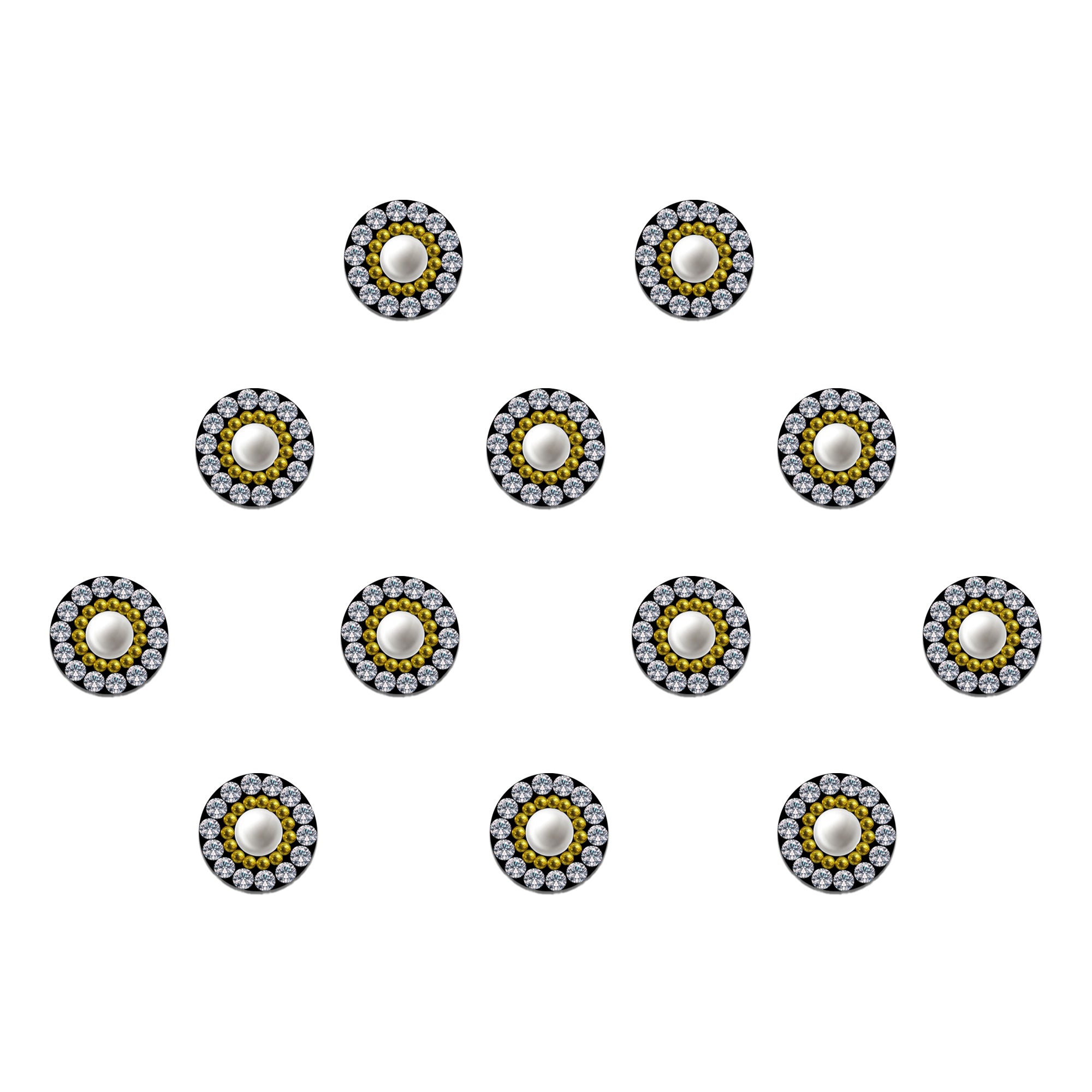 Comet Busters pearl halo crystal bindis featuring elegant pearl center stones with sparkling white crystal borders and gold bead detailing on a black base, perfect for festive, bridal, ethnic, and traditional wear.