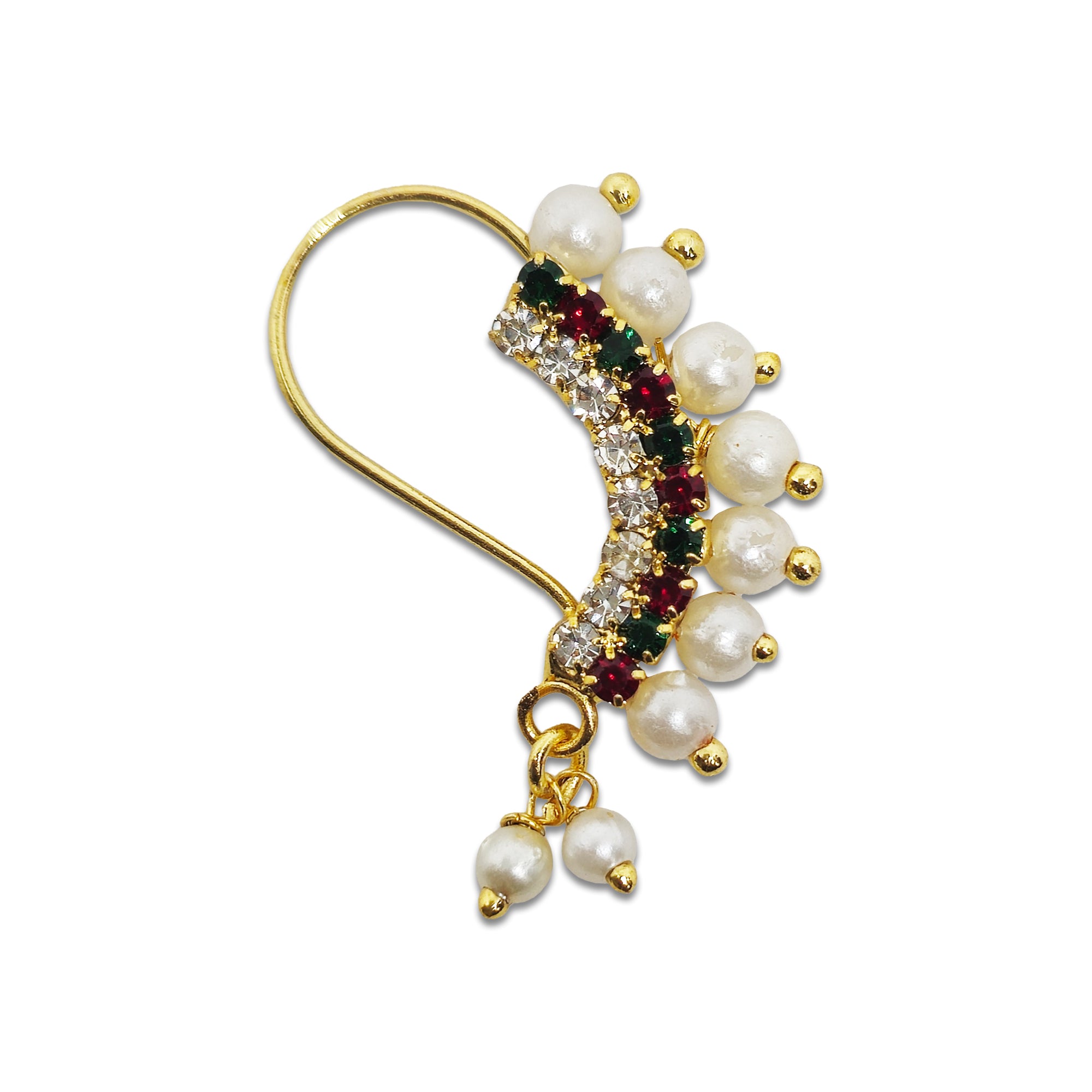 Comet Busters gold-tone bridal nose ring with white pearl beads, red and green stones, crystal detailing, and dangling pearl charms.