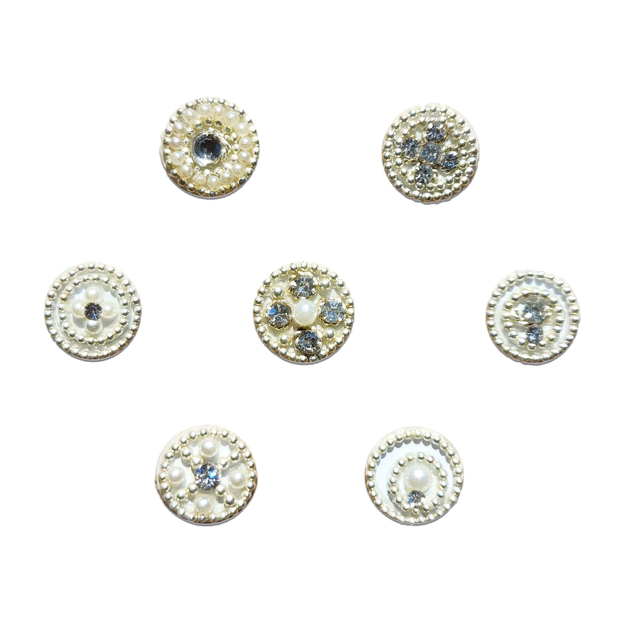 Comet Busters pearl and crystal round designer bindis with white stones and metallic bead detailing, premium forehead stickers for women featuring floral and circular patterns, ideal for weddings, bridal wear, receptions, festivals, puja ceremonies, and ethnic Indian outfits
