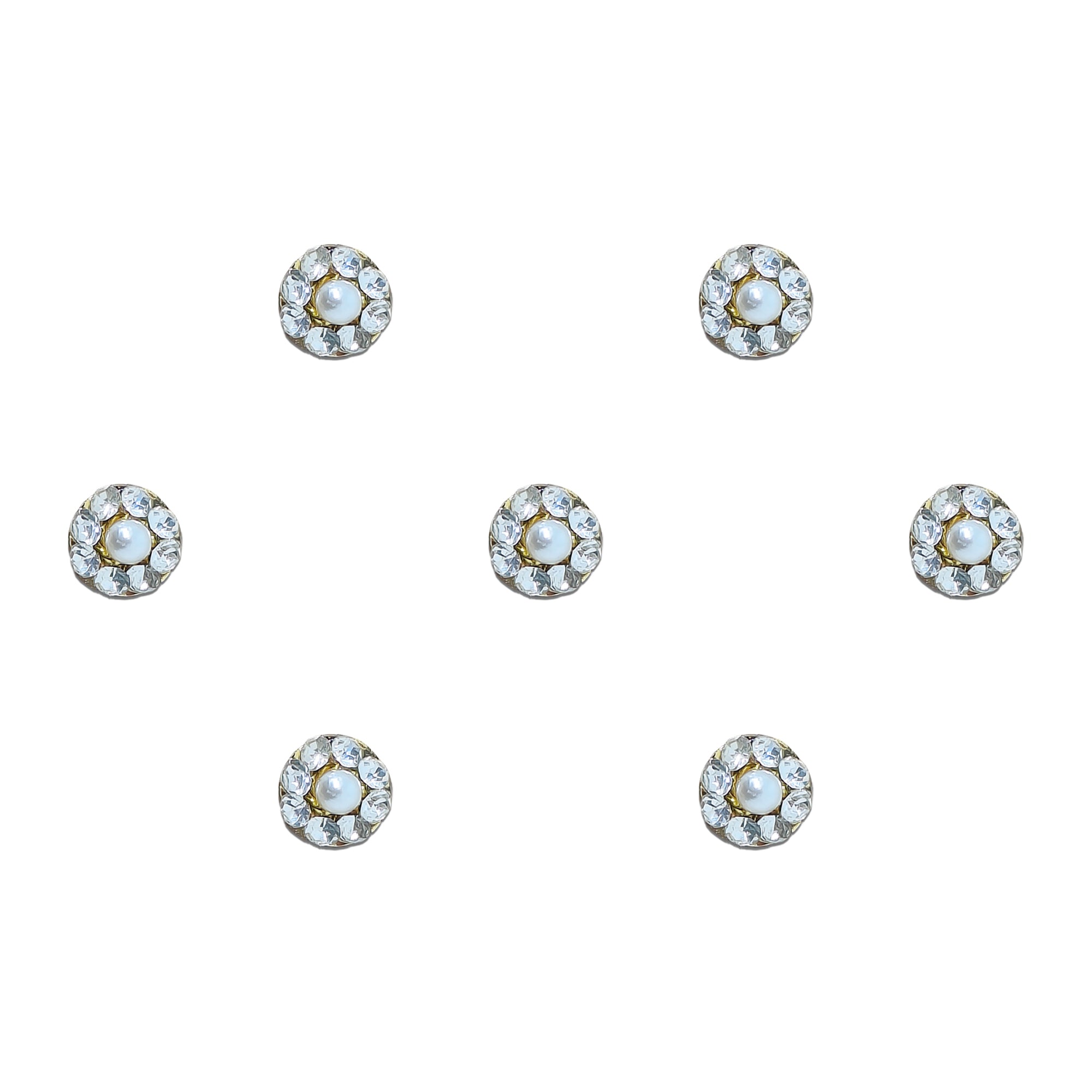 Comet Busters pearl and crystal round designer bindi sheet featuring 6 reusable self-adhesive bindis with a luminous pearl center surrounded by sparkling clear rhinestones in a classic circular floral design. Elegant bindis perfect for weddings, bridal wear, festivals, parties, and traditional Indian ethnic attire.