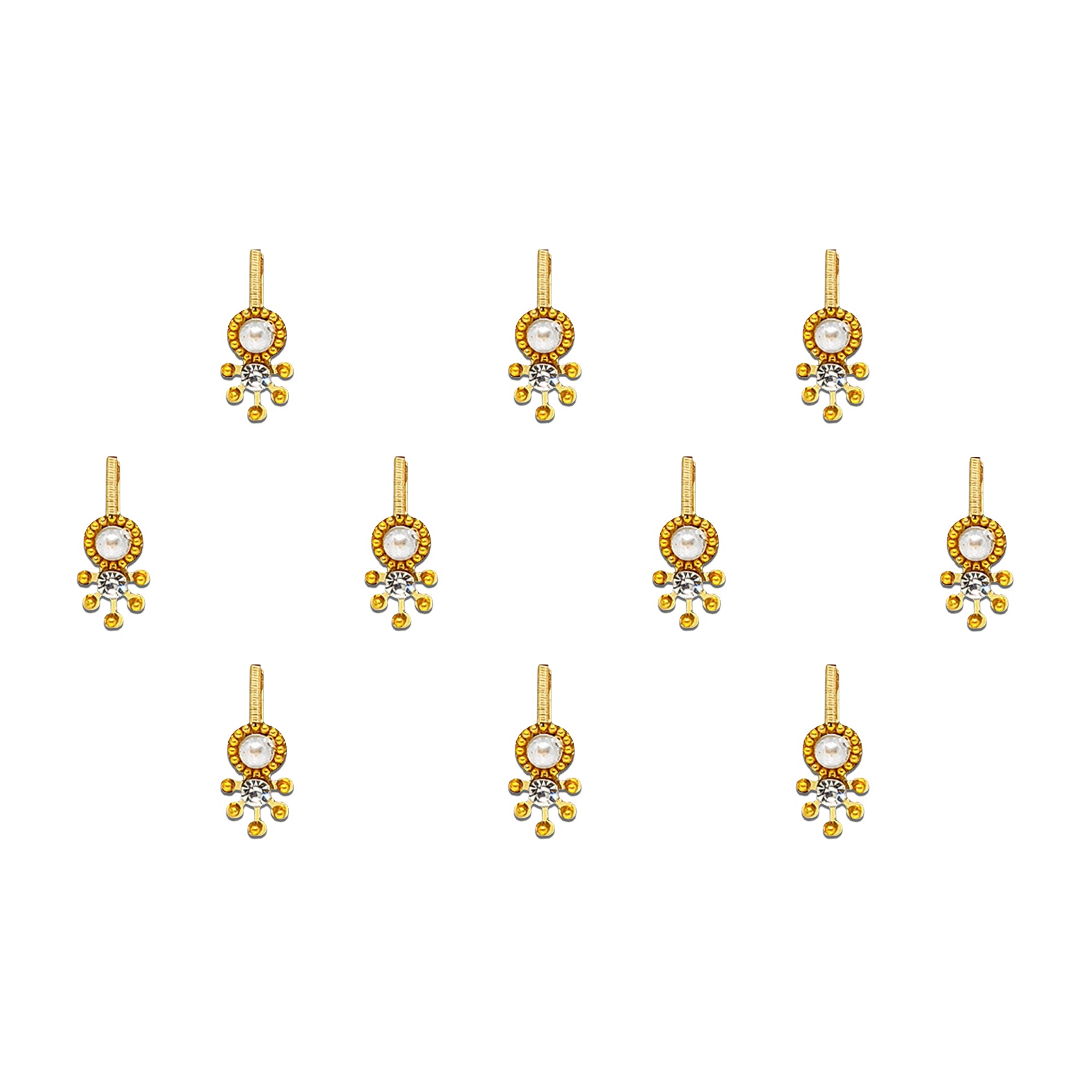 Comet Busters gold-tone designer bindis featuring pearl center stones with crystal accents, delicate hanging bead detailing, and traditional drop-style design for festive and ethnic wear.